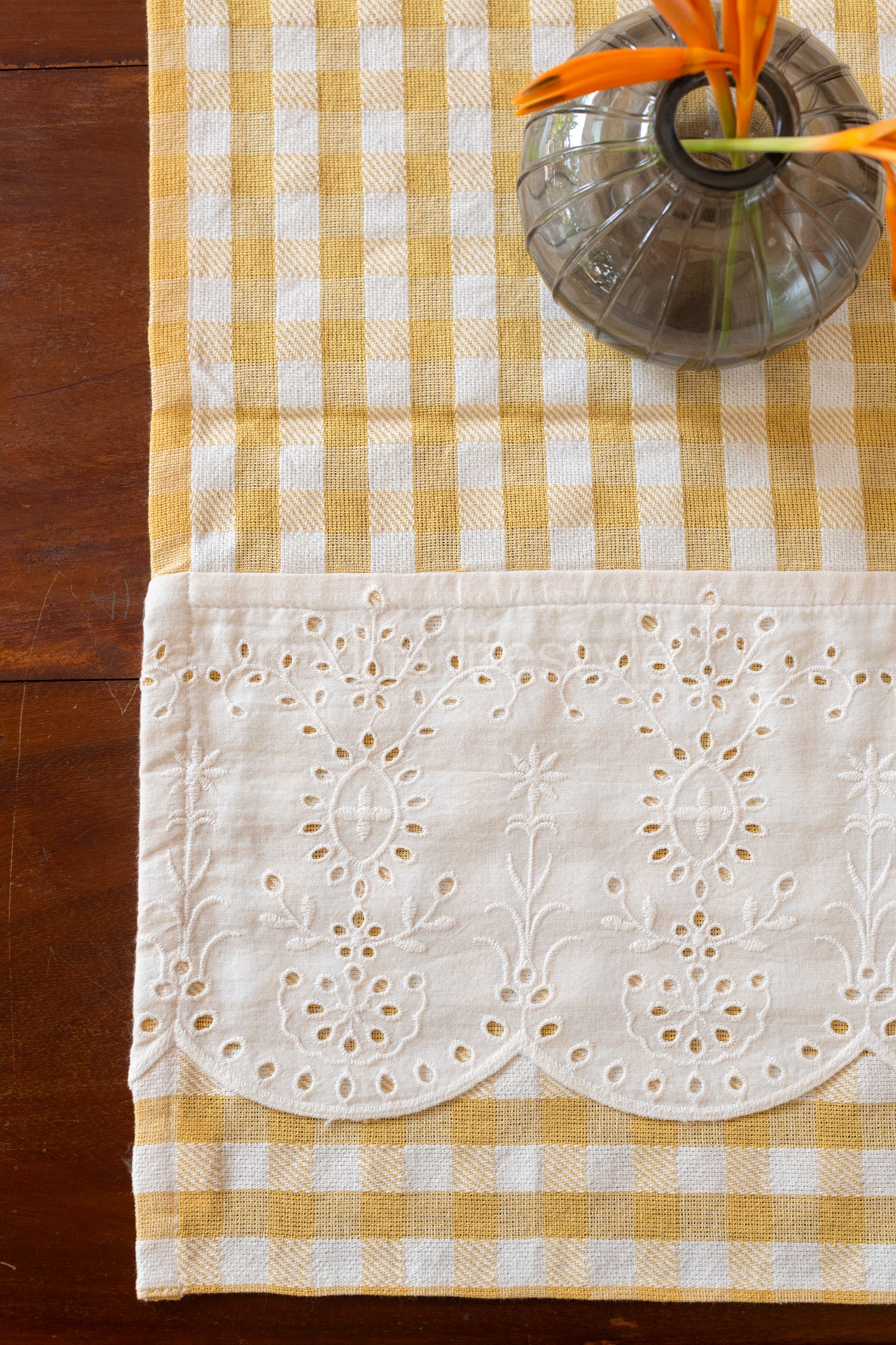 Cotton Coffee table runner with lace detailing-15x42 inches