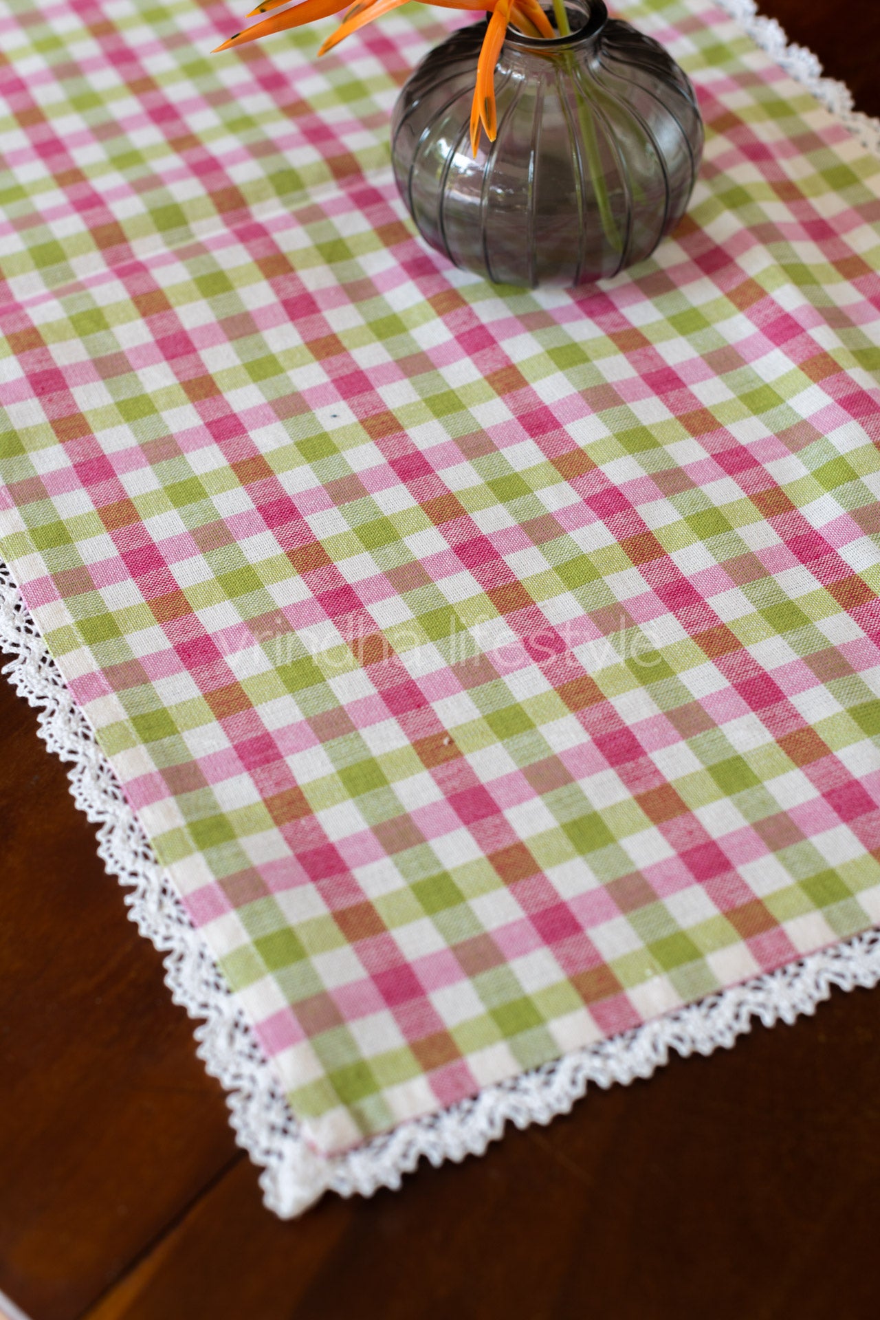 Cotton checks runner with lace detailing- 58x14 inches-6 seater -customisable