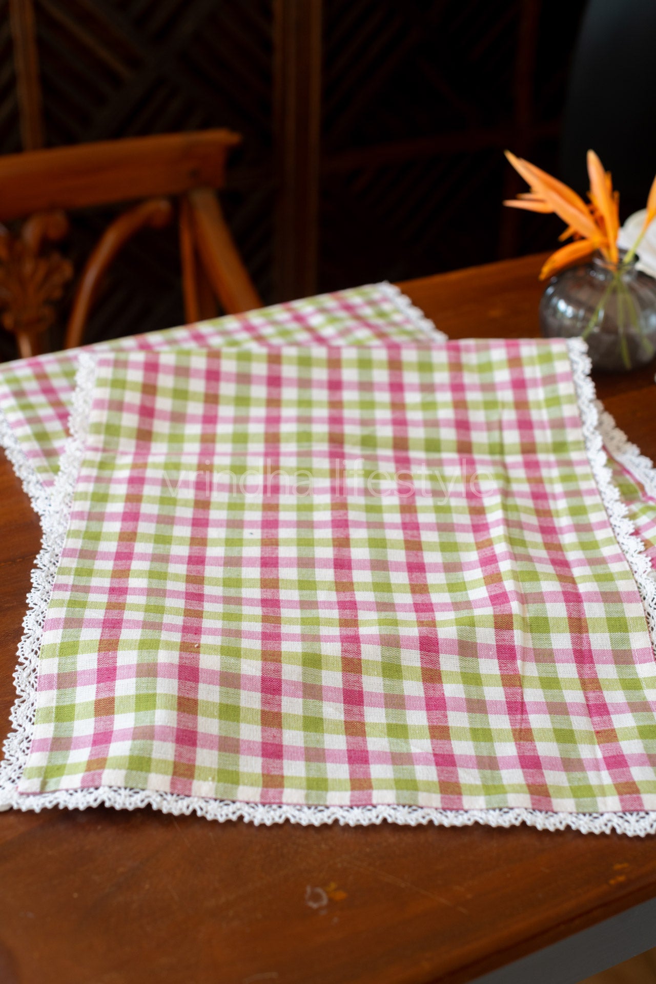 Cotton checks runner with lace detailing- 58x14 inches-6 seater -customisable