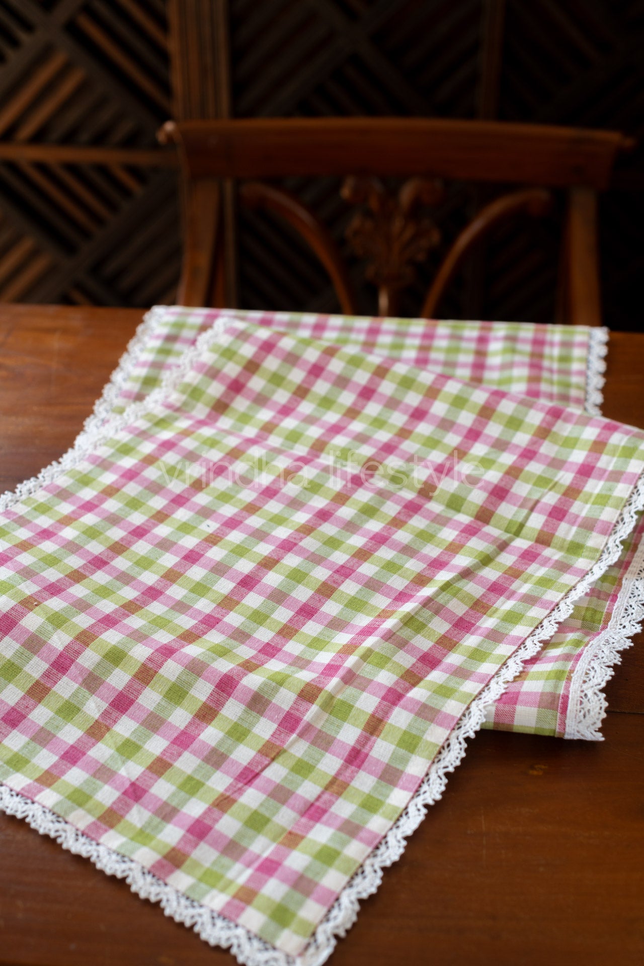 Cotton checks runner with lace detailing- 58x14 inches-6 seater -customisable