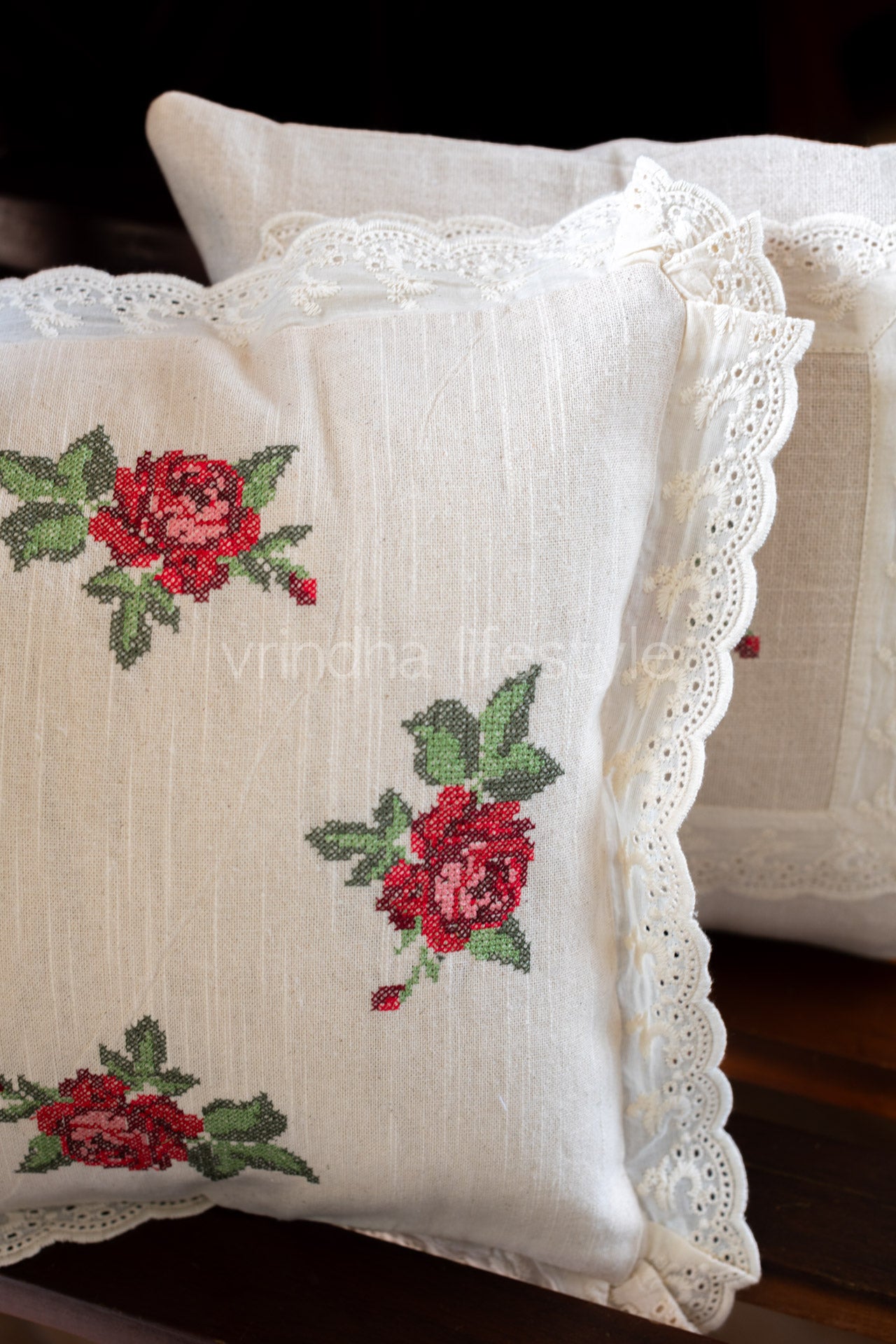 cotton cushion cover with embroidery and lace detailing -Single unit- 12x12 inches( Customisable)