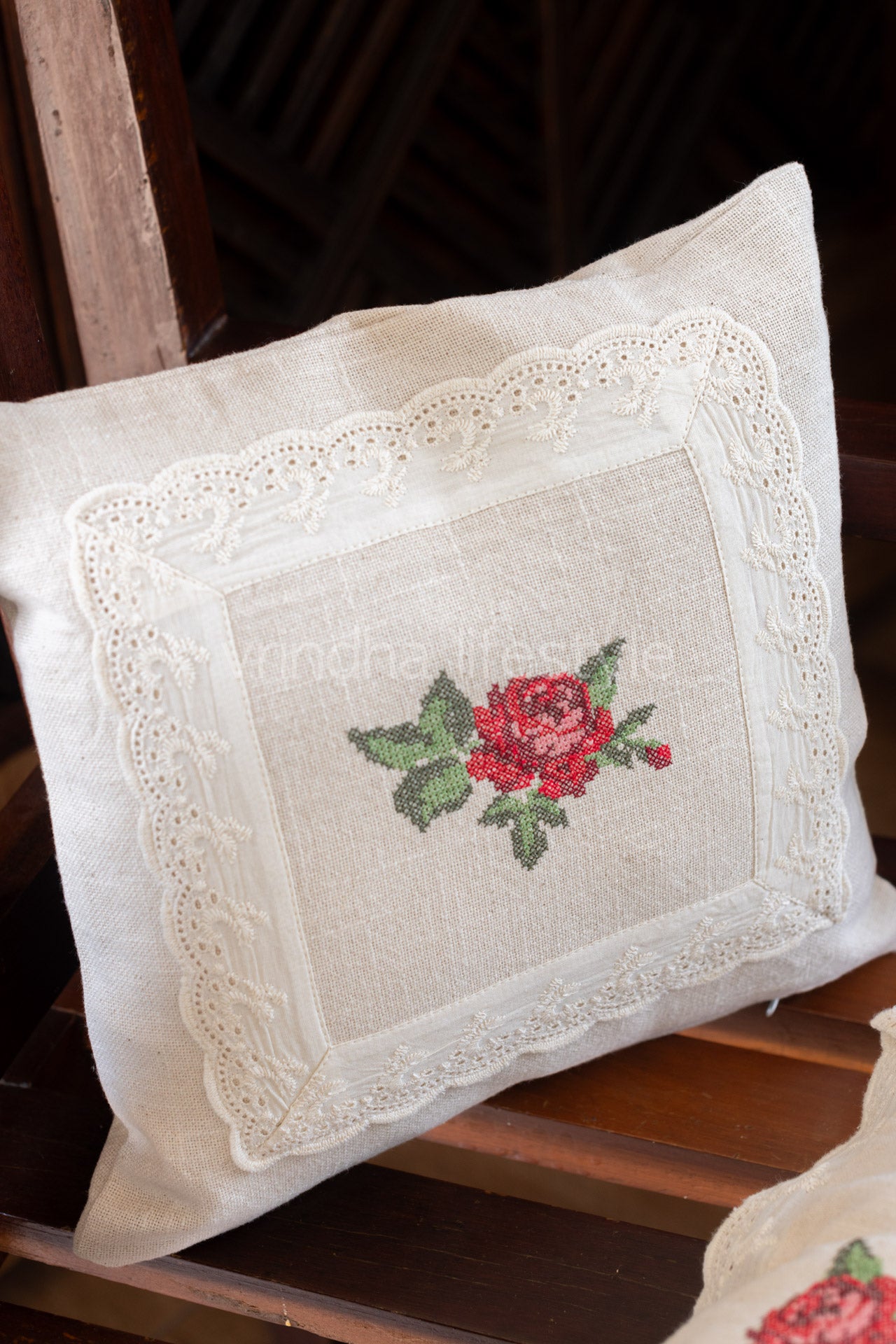 cotton cushion cover with embroidery and lace detailing -Single unit- 12x12 inches( Customisable)