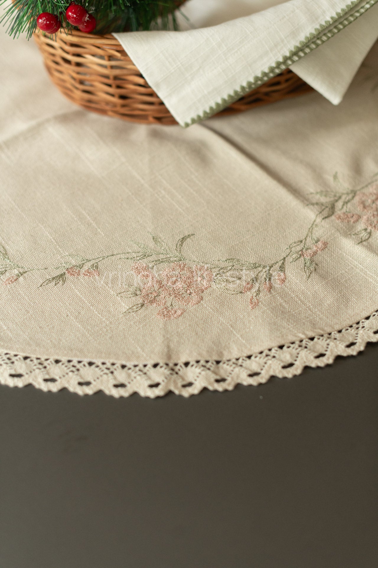 Round table cloth with embroidery and lace detailing-25 inches-coffee table cover