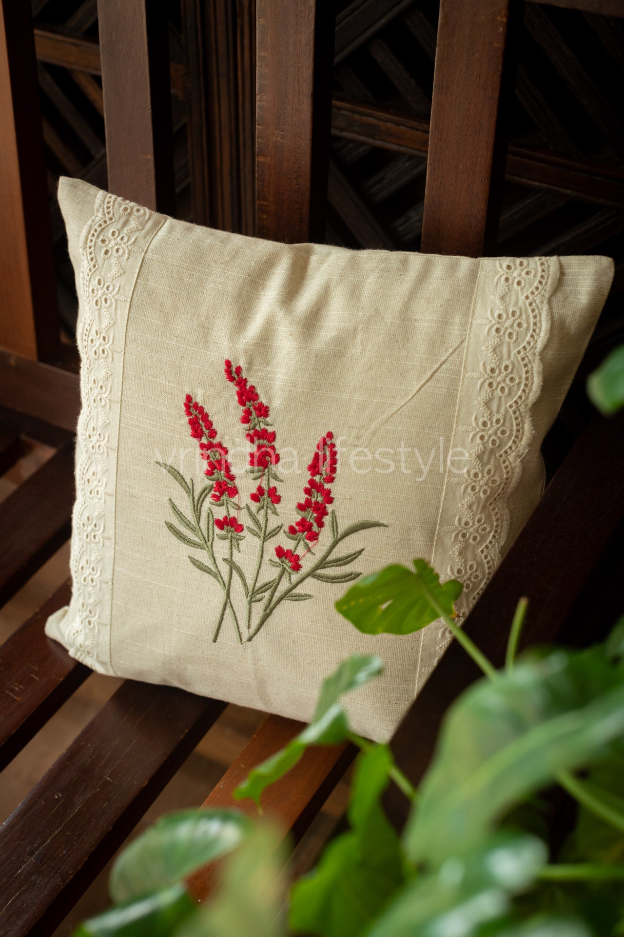 cotton cushion cover with embroidery and lace detailing -Single unit- 12x12 inches( Customisable)
