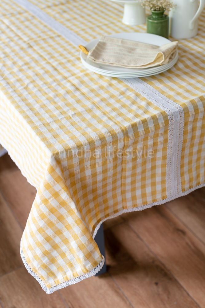 COTTON TABLE CLOTH, checks with lace detailing -6/8 seater