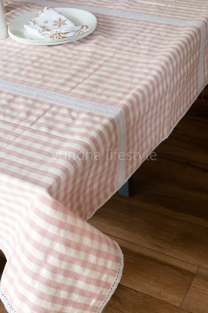 COTTON TABLE CLOTH, checks with lace detailing -6/8 seater
