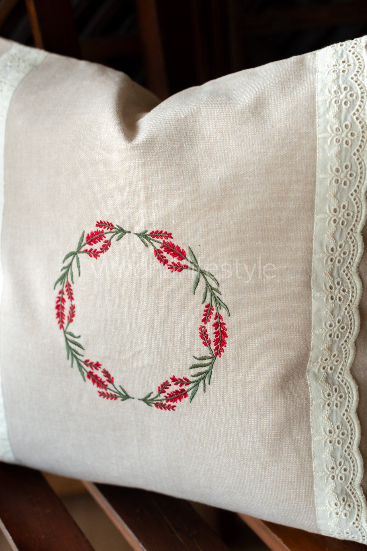Cotton cushion cover with embroidery and lace detailing-Single unit- 16x16 inches-customisable