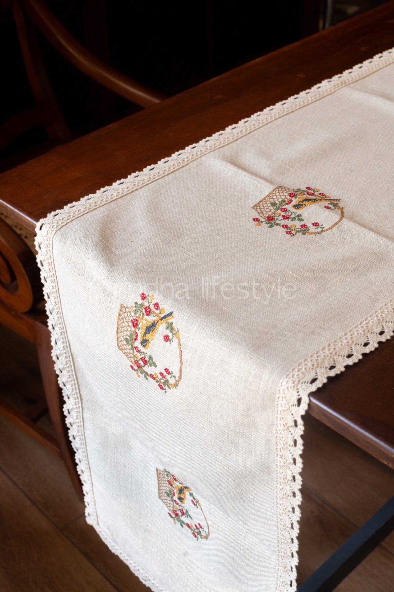 Cotton table runner with floral embroidery and lace detailing -6 seater -customisable