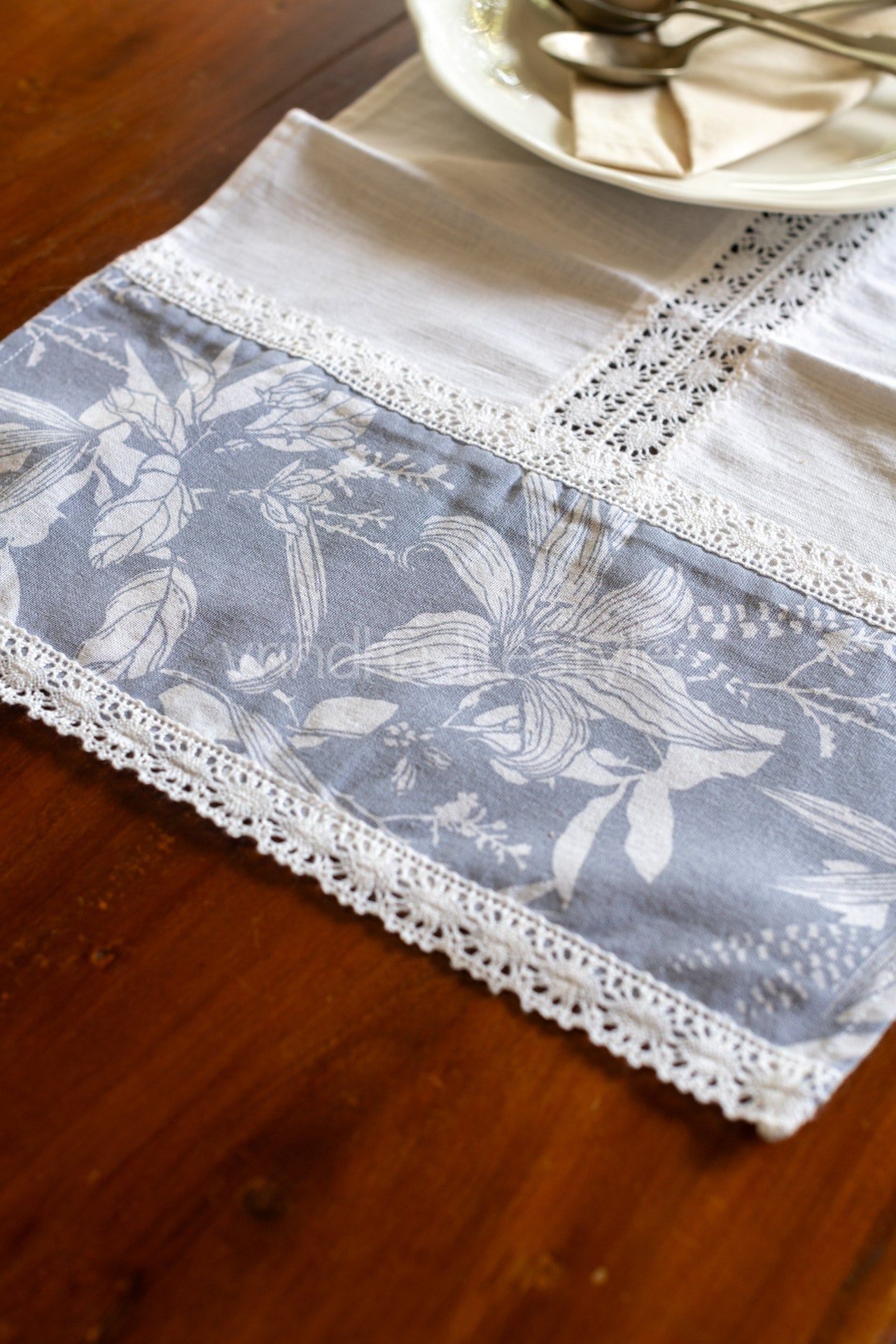 Cotton Coffee table runner with lace detailing-15x42 inches