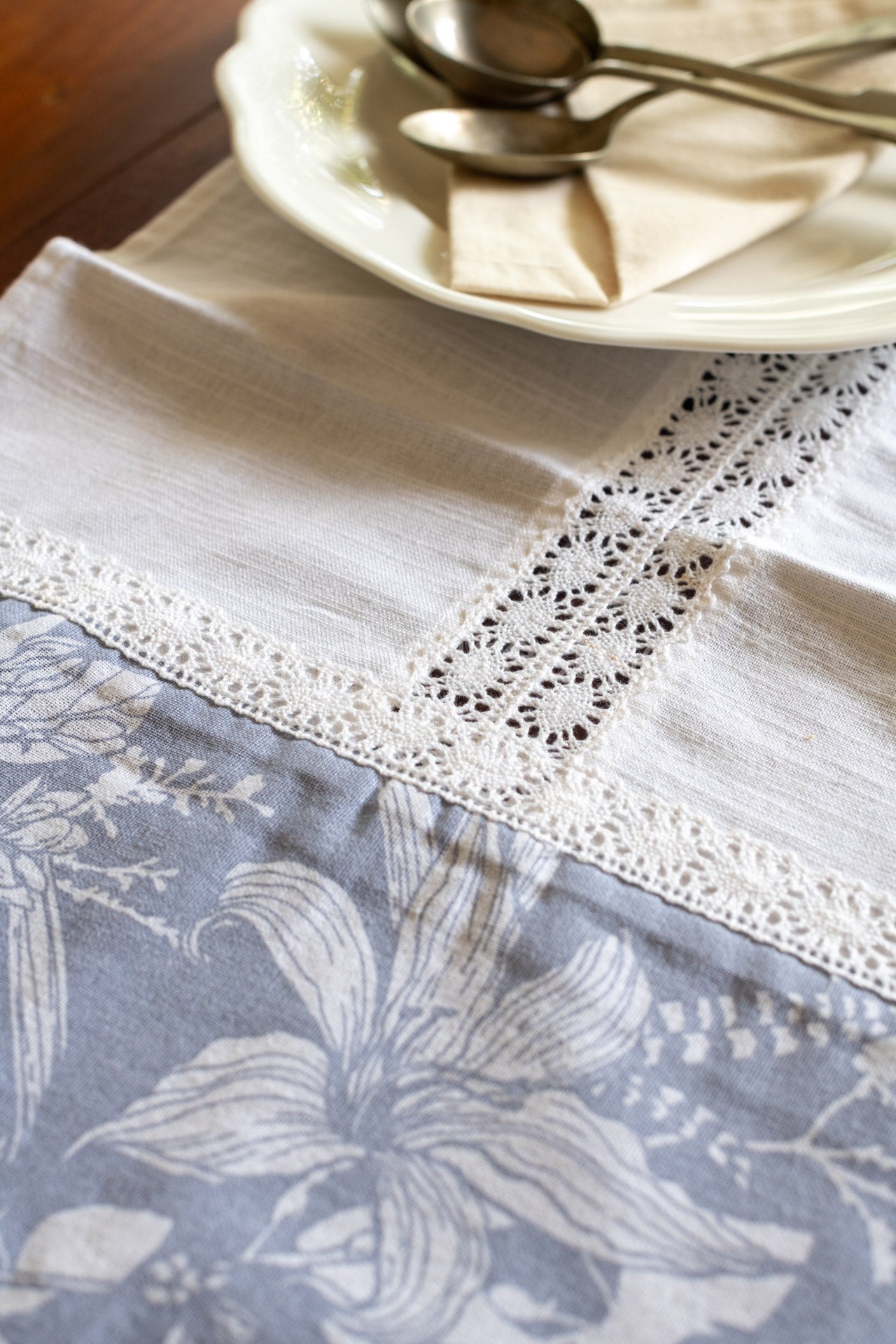 Cotton Coffee table runner with lace detailing-15x42 inches