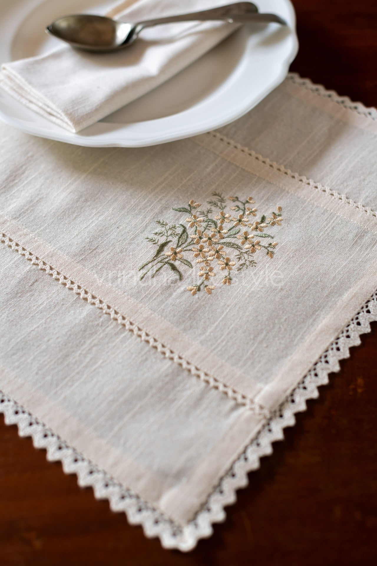Cotton tray mat with embroidery and lace detailing- customisable