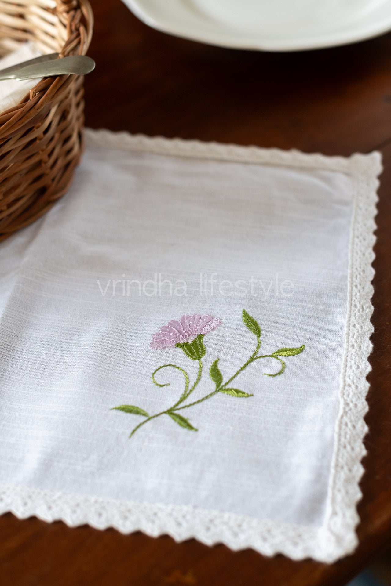 Cotton tray mat with embroidery and lace -customisable