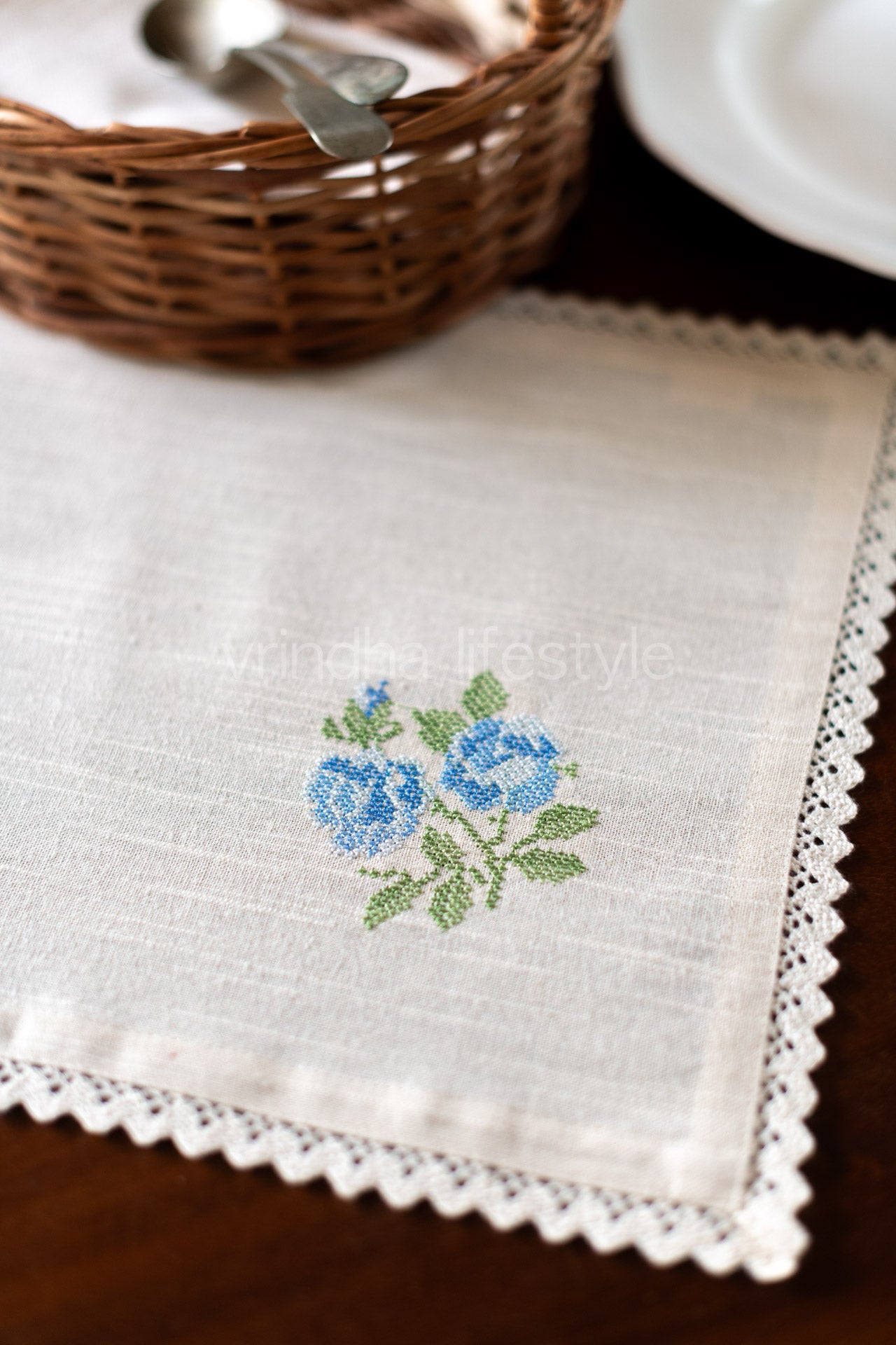 Cotton tray mat with embroidery and lace -customisable