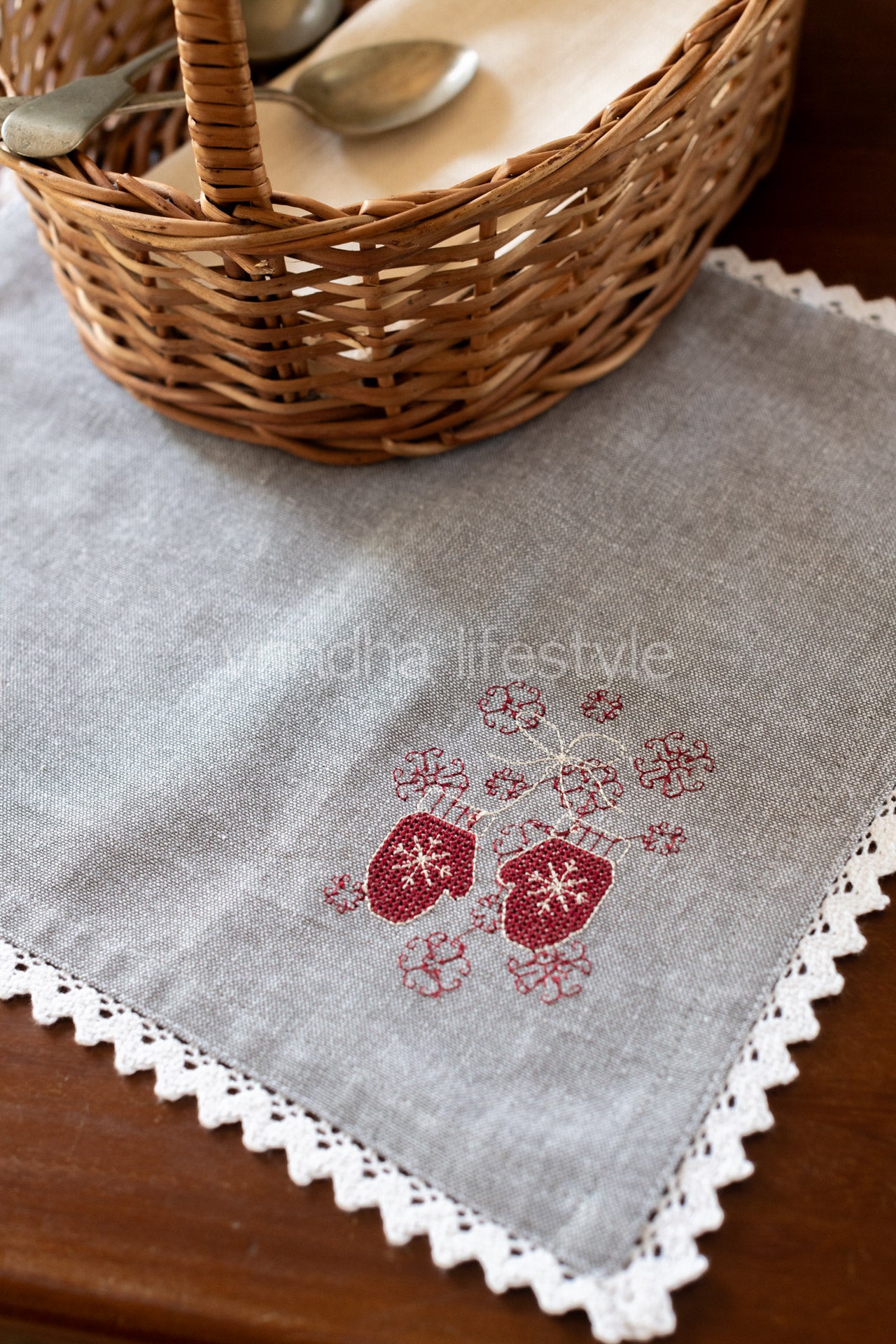 Cotton tray mat with embroidery and lace detailing- customisable