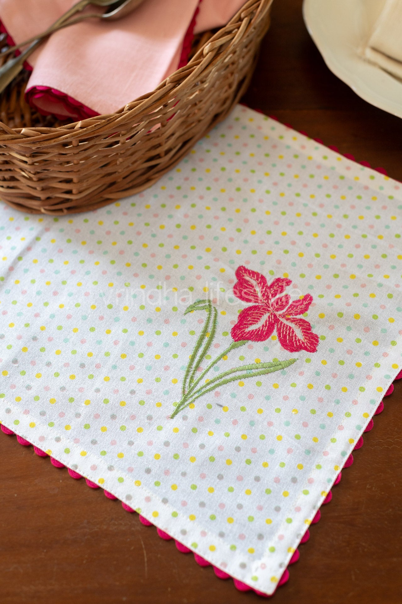 Cotton tray mat with embroidery and lace detailing- customisable
