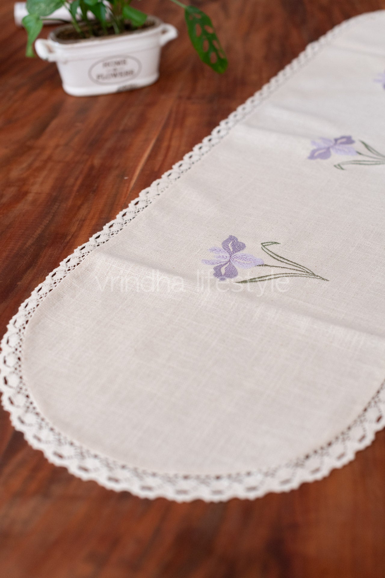 Cotton table runner with embroidery and lace detailing - 14x42inches-customisable