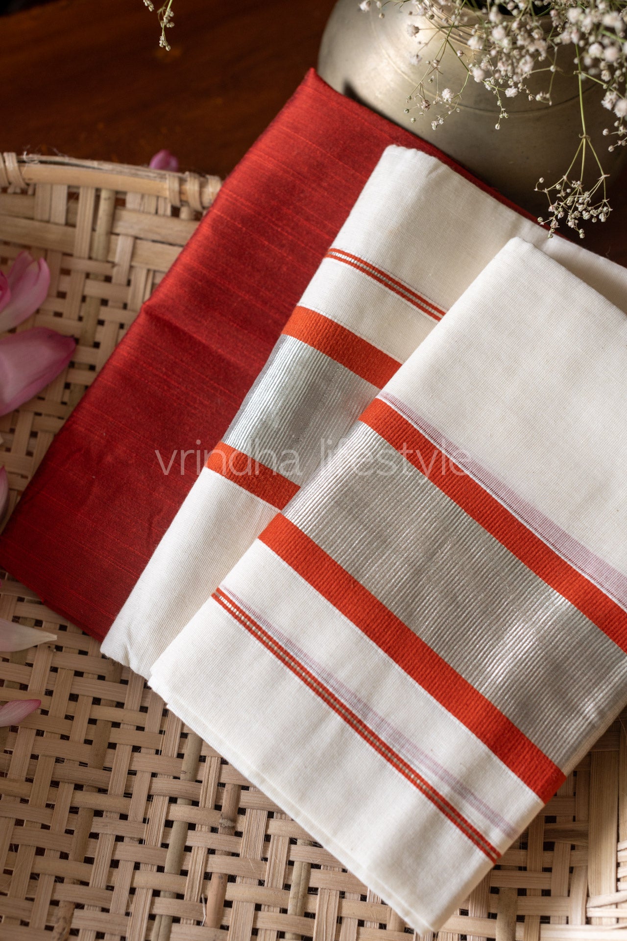 Kerala Set Mundu-silver -rust orange