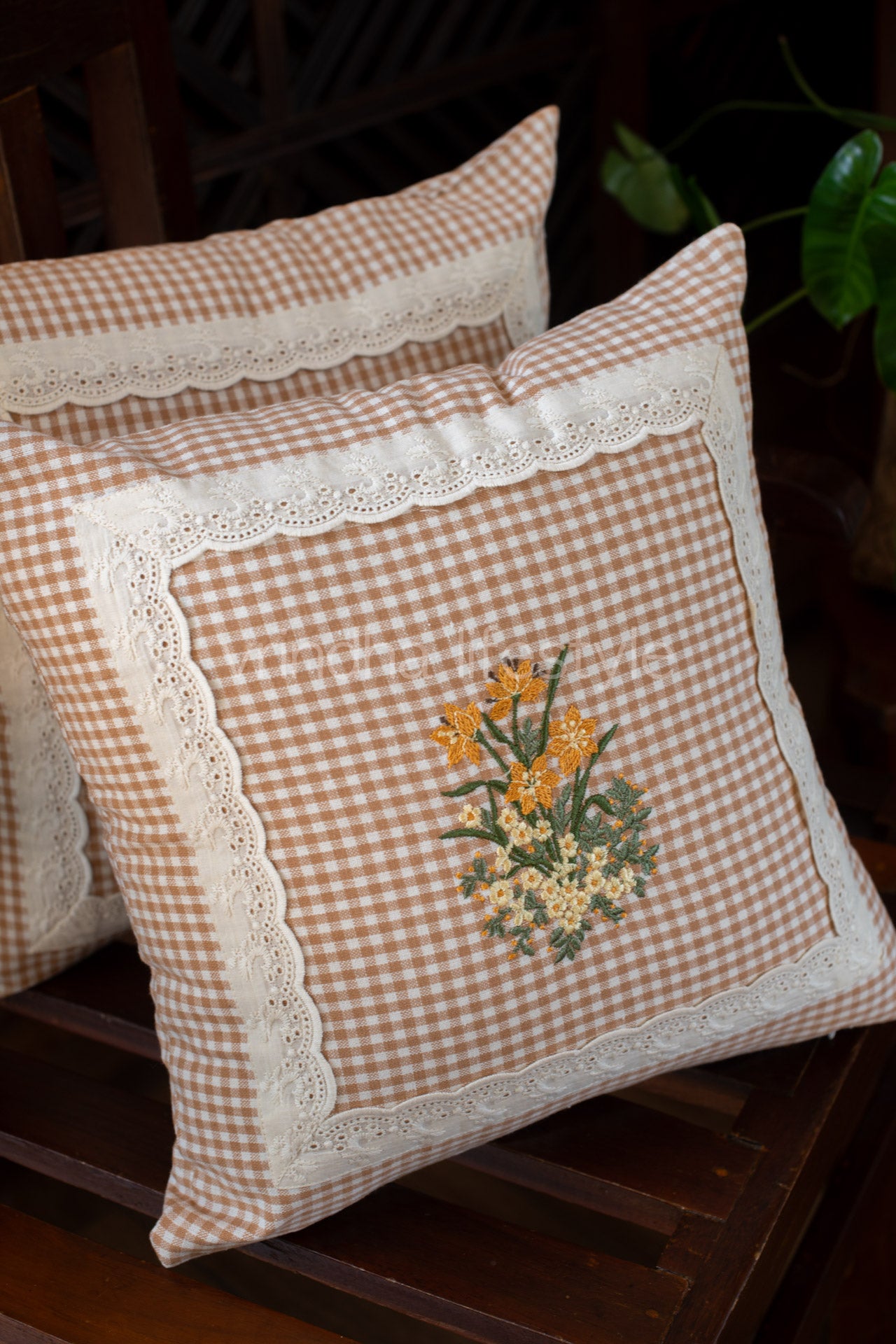 Cotton cushion cover with embroidery and lace detailing -Single unit- 16x16 inches( Customisable)