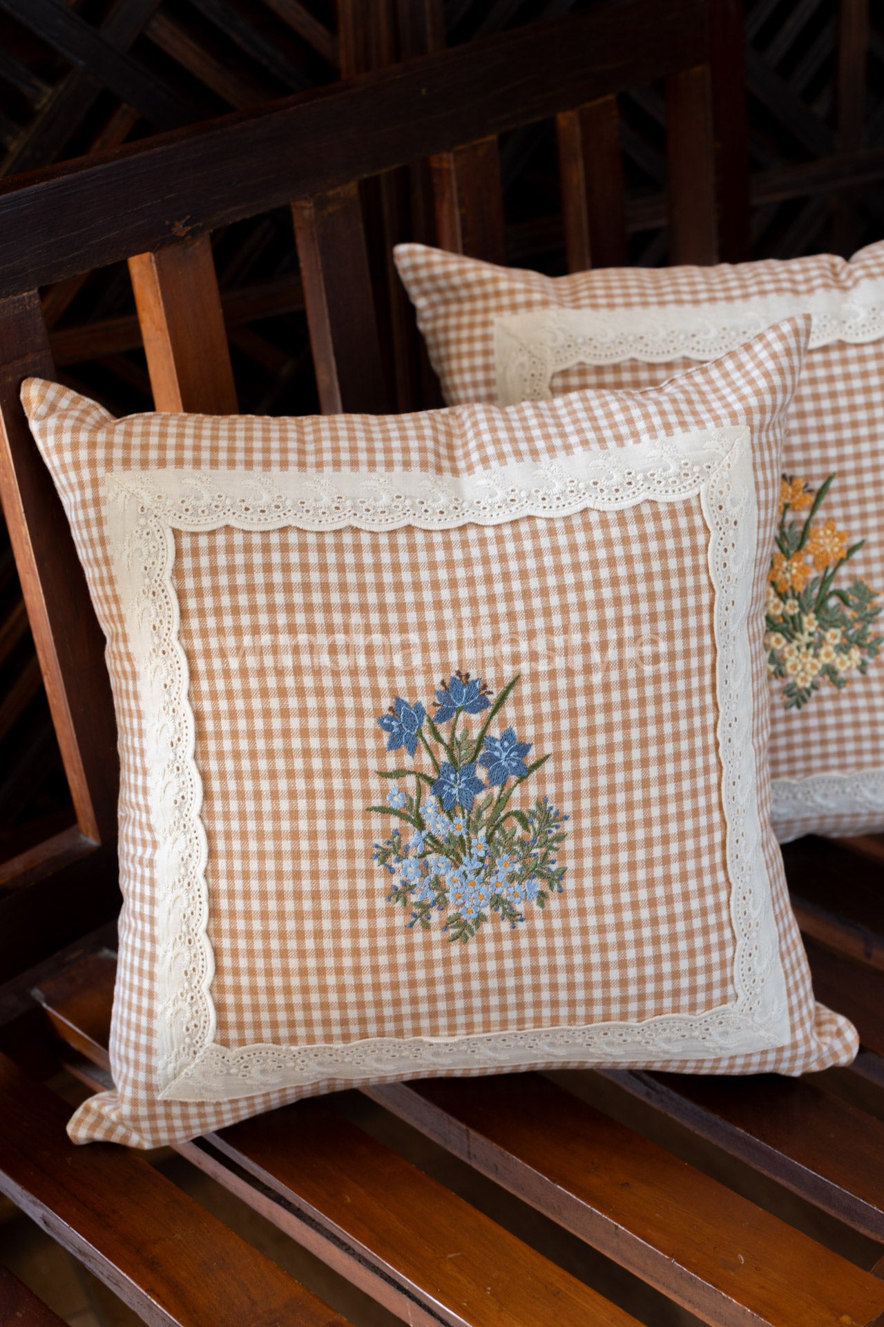 Cotton cushion cover with embroidery and lace detailing -Single unit- 16x16 inches( Customisable)