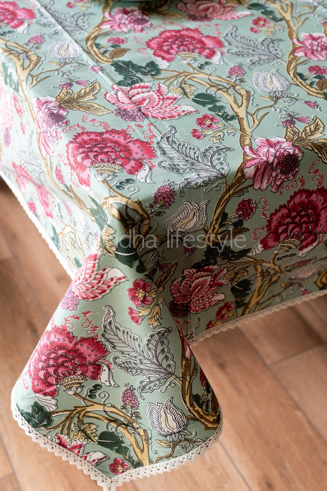 Printed table cloth with lace detailing-8 seater