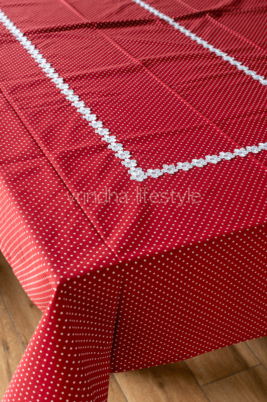Cotton polka dot  table cover with lace detailing-6 seater