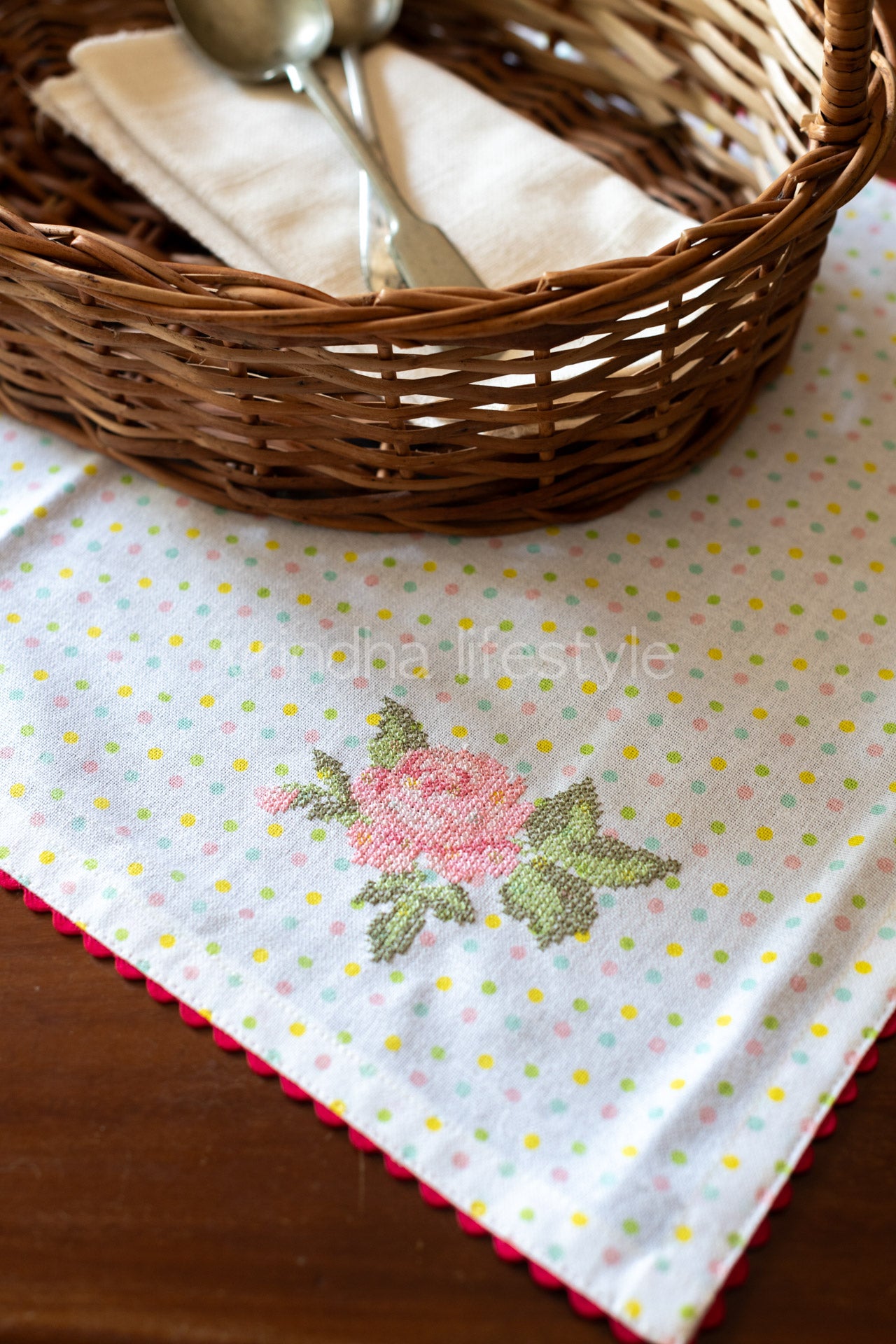 Cotton tray mat with embroidery and lace detailing- customisable