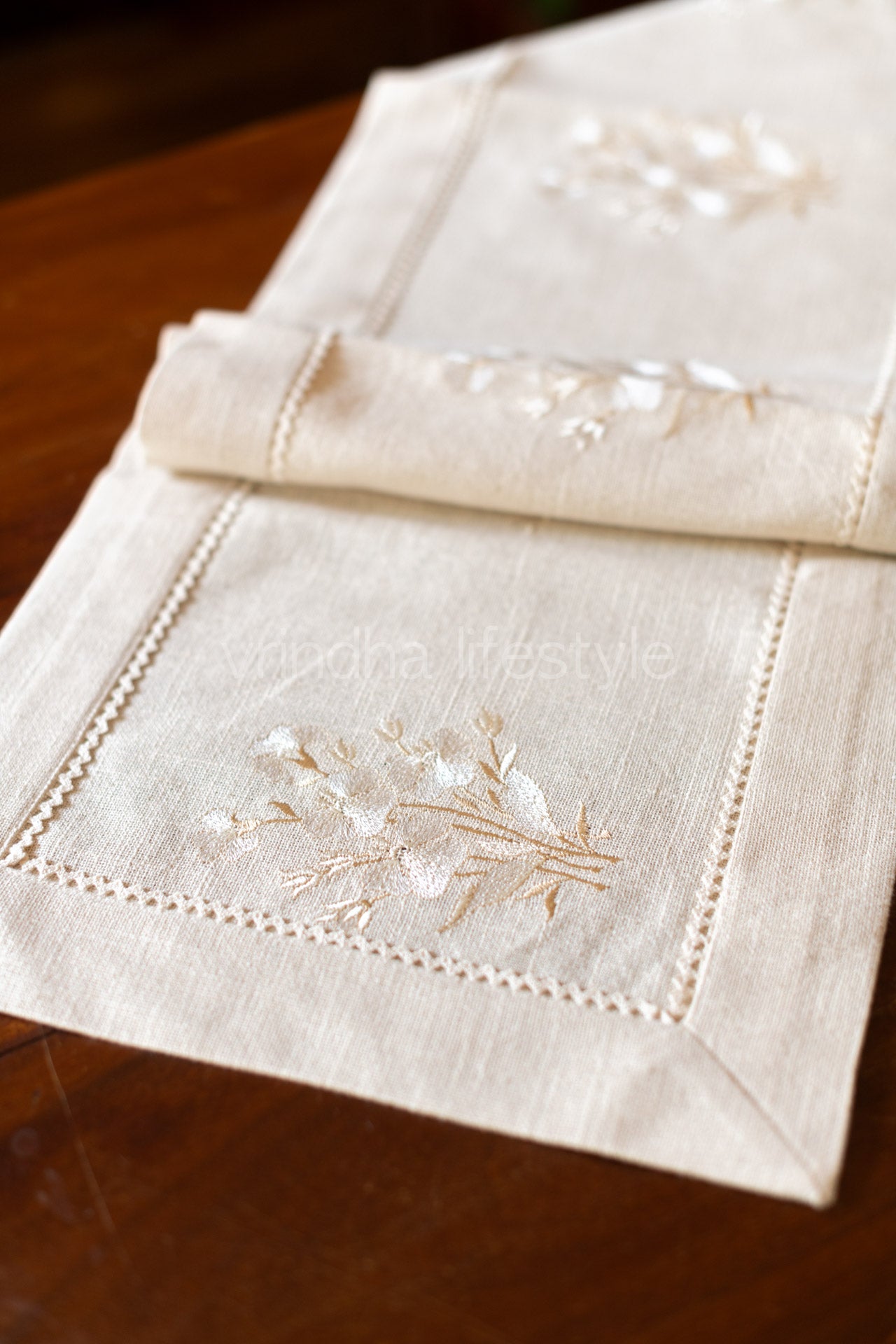Cotton table runner with floral embroidery and lace detailing -4 seater -12.5x40 inches-customisable