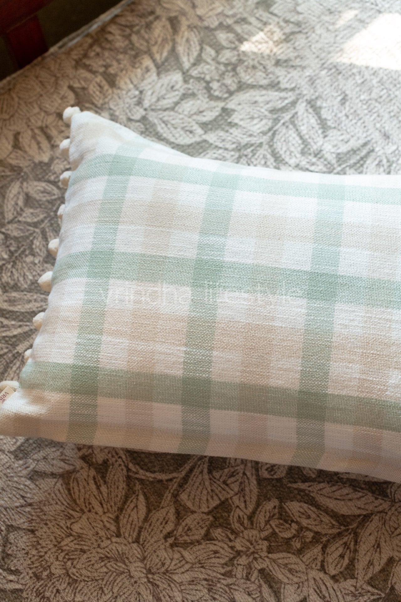 Cotton checks pre-filled cushion with pom poms