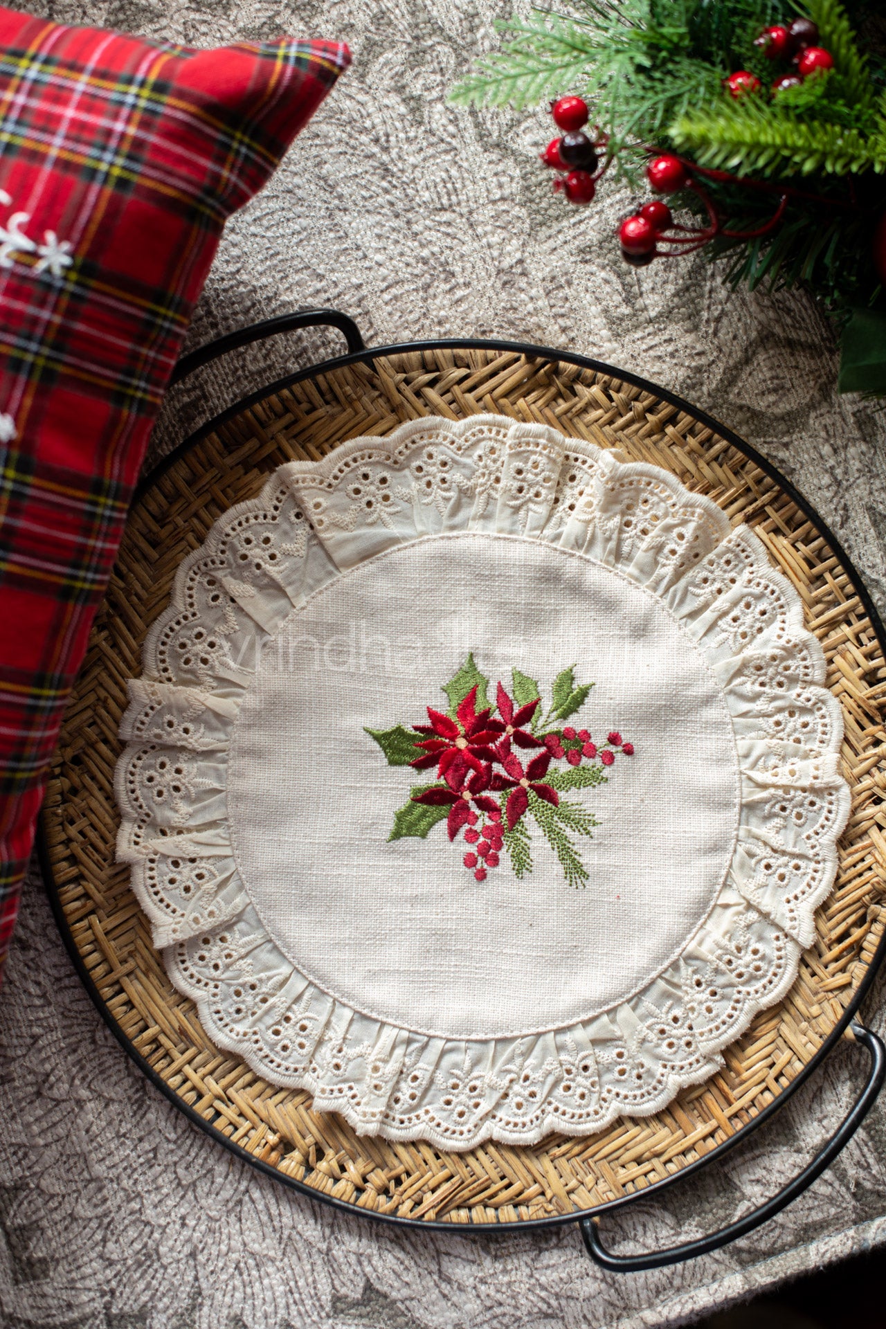 Round embroidered table mat with lace detailing ,10 inches-Single unit
