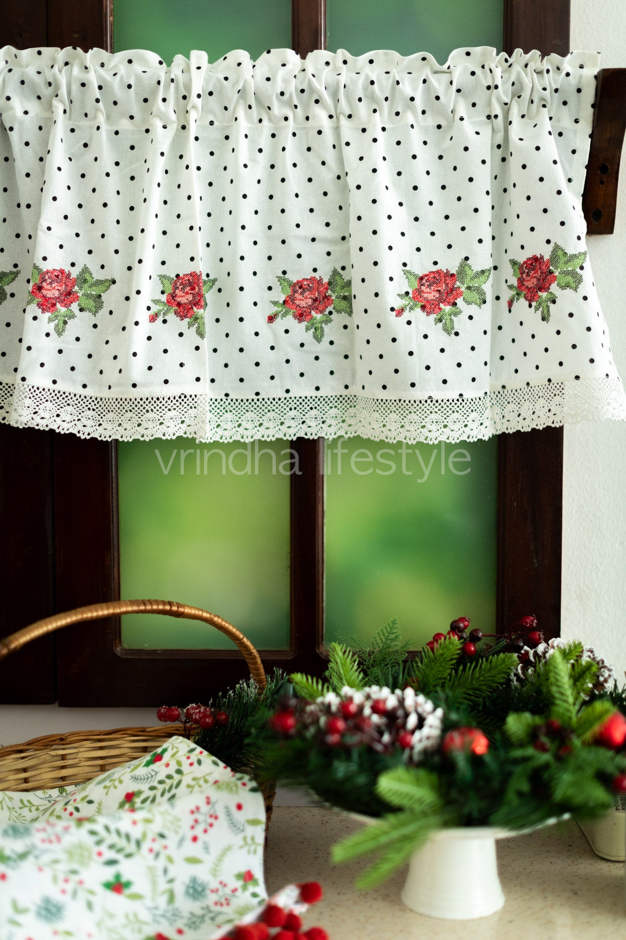 KITCHEN VALANCE-Embroidered printed polka dot fabric-Single unit-customisable