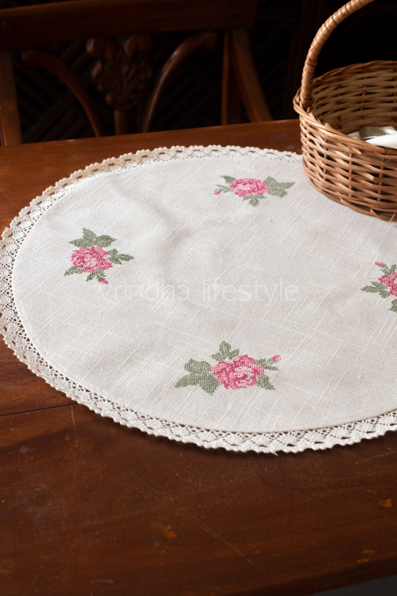 Round table mat with cross stitch embroidery and lace detailing-20 inches