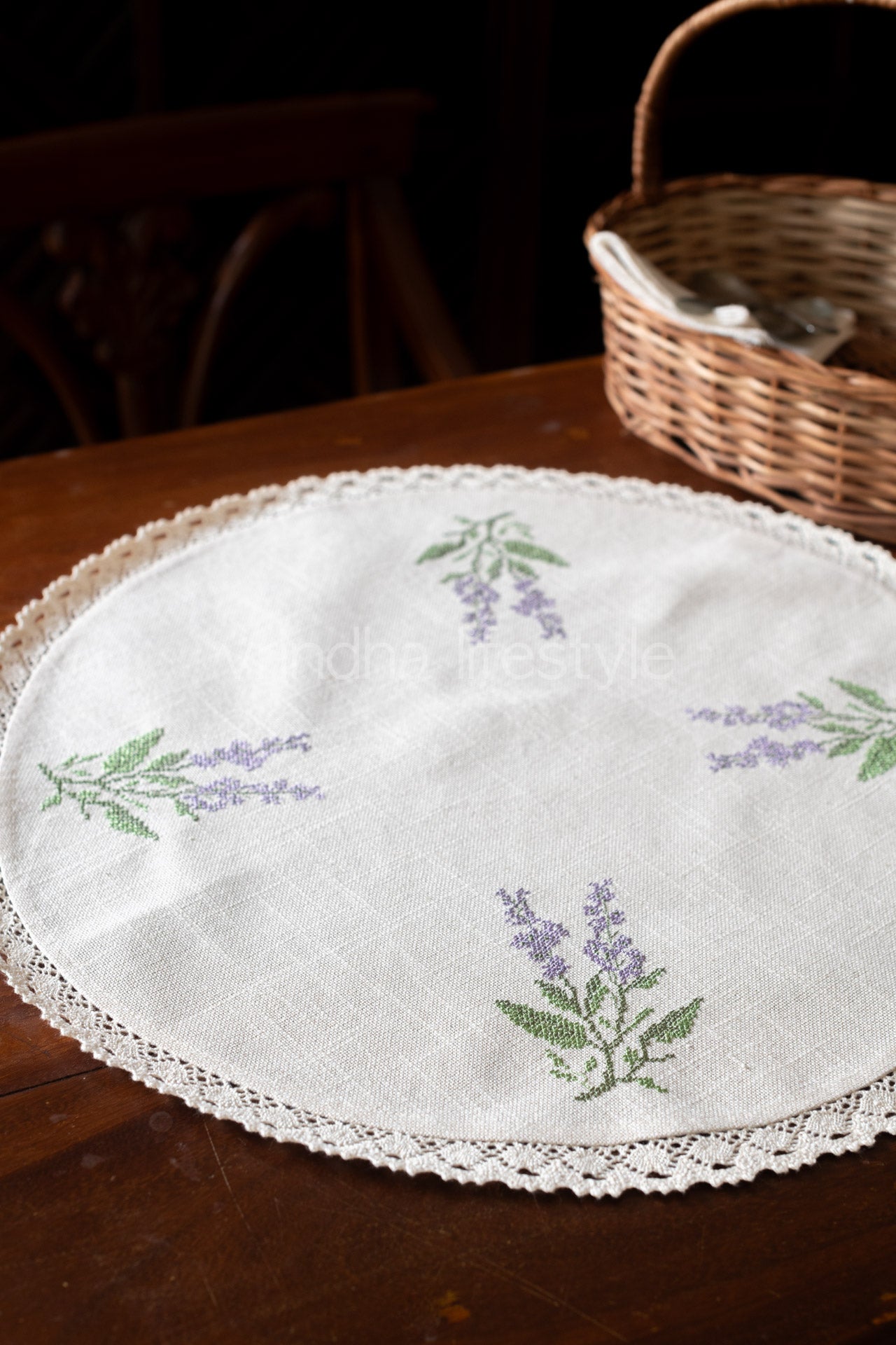 Round table mat with cross stitch embroidery and lace detailing-20 inches