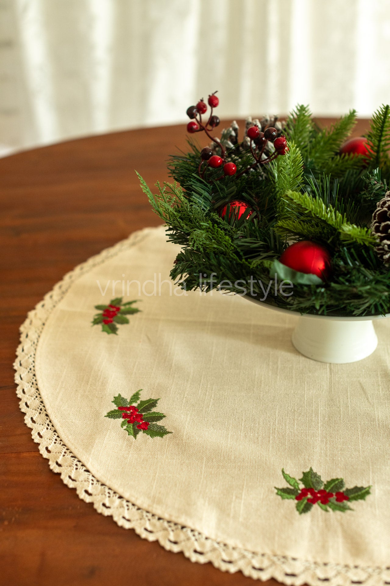Round table cloth with embroidery and lace detailing-25 inches-coffee table cover