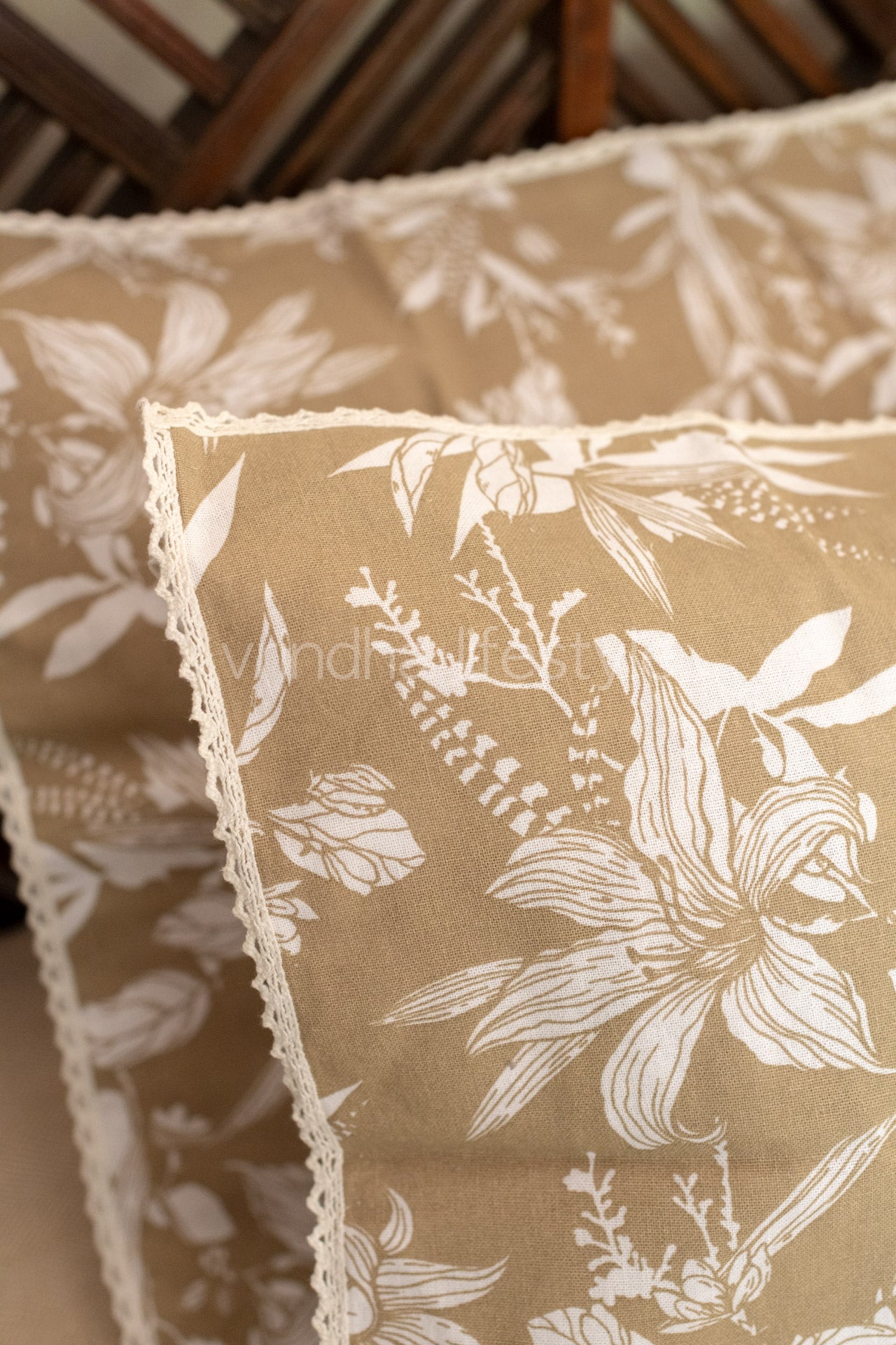 Printed pillow cover with lace detailing -set of 2