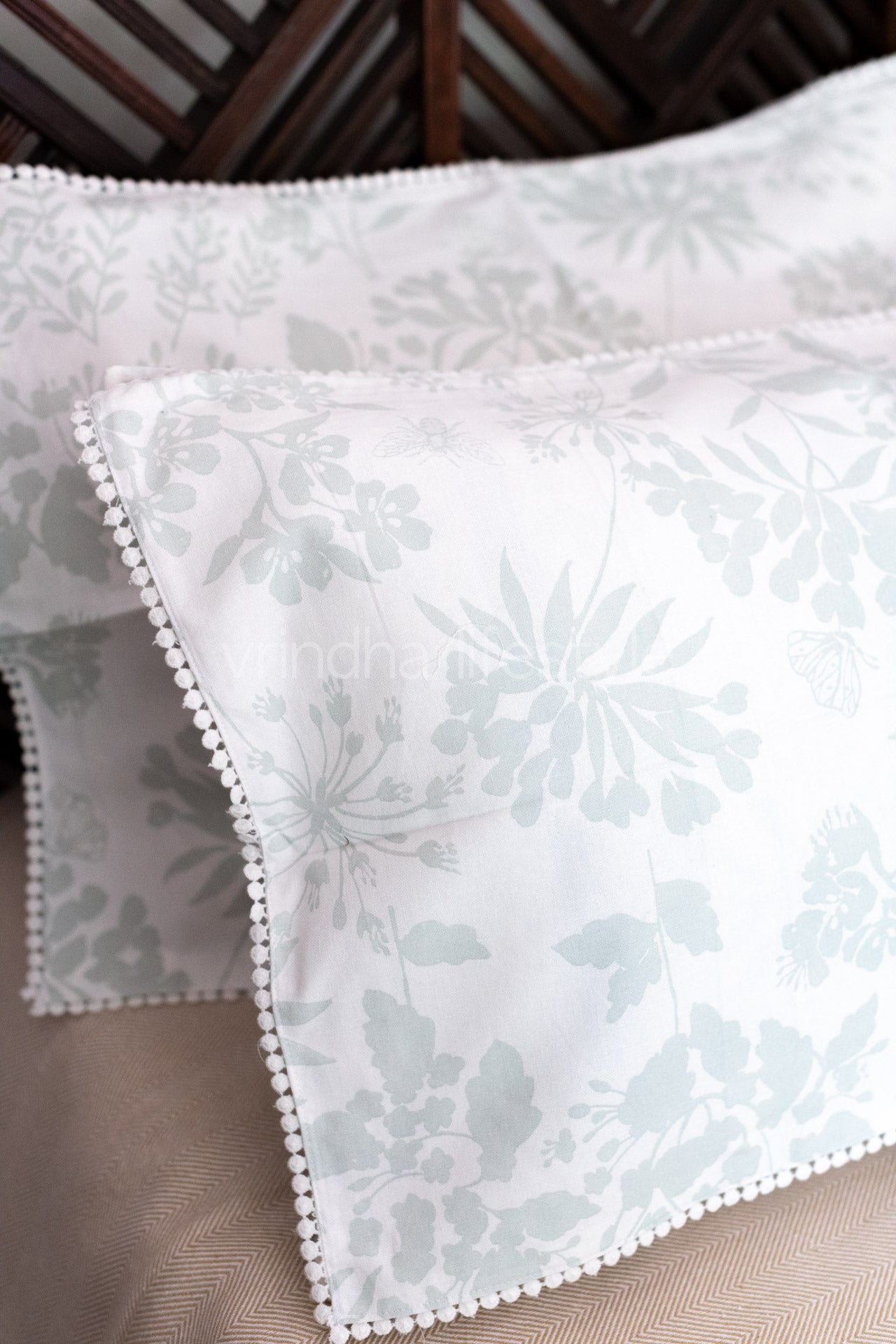 Printed cotton pillow cover with lace detailing -set of 2