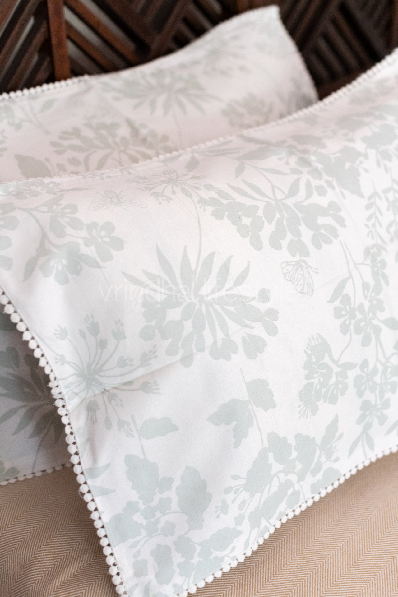 Printed cotton pillow cover with lace detailing -set of 2