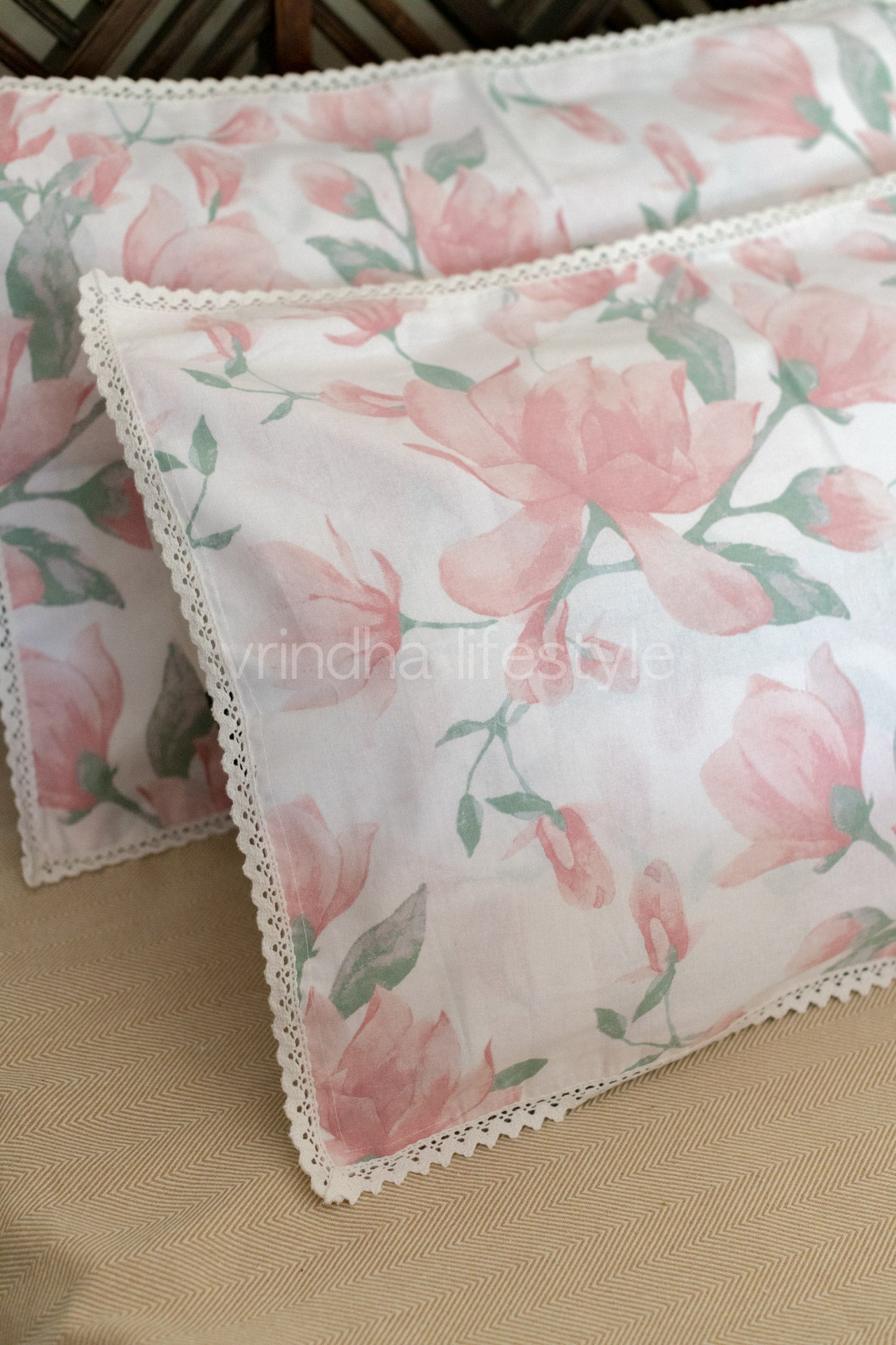 Printed cotton pillow cover with lace detailing -set of 2