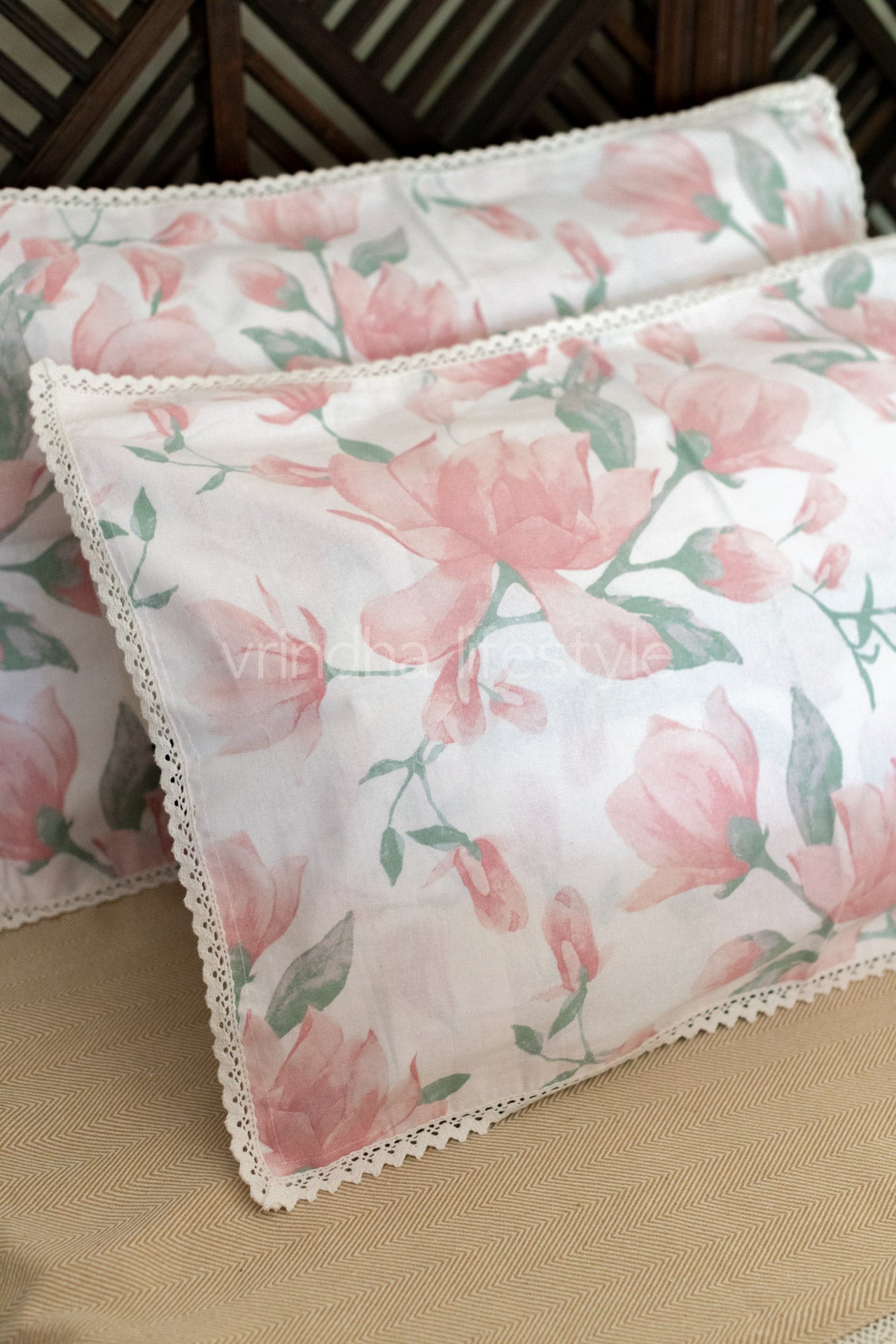 Printed cotton pillow cover with lace detailing -set of 2