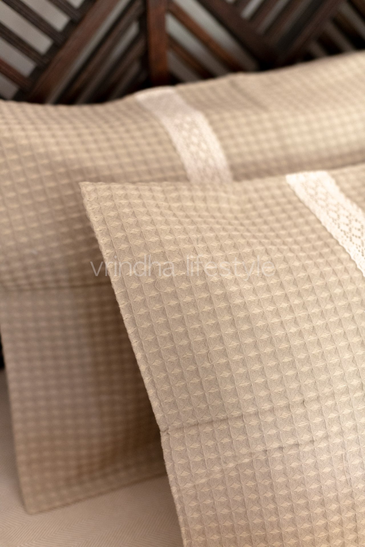 Waffle cotton pillow cover with lace detailing -set of 2