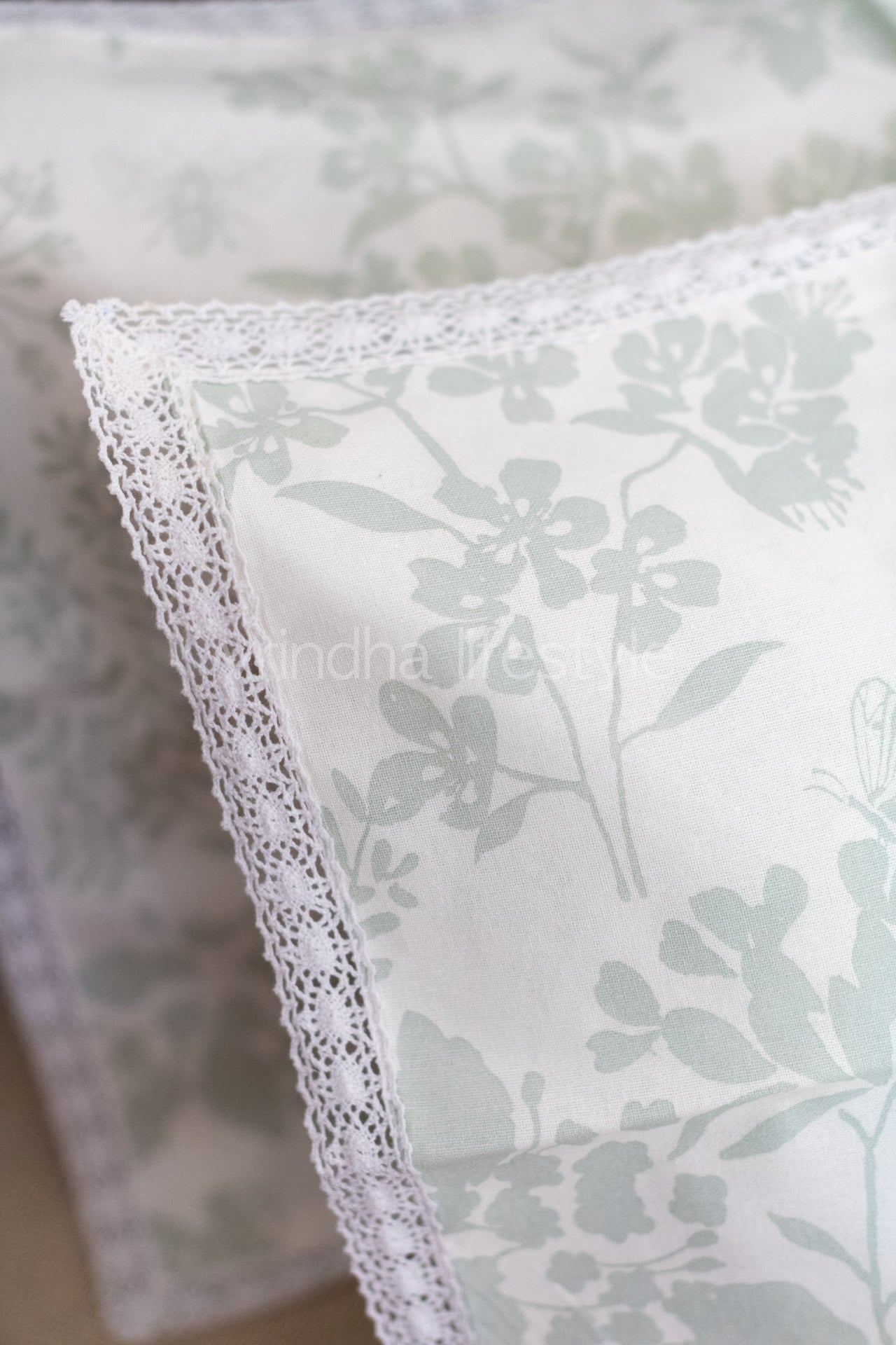 Printed cotton pillow cover with lace detailing -set of 2