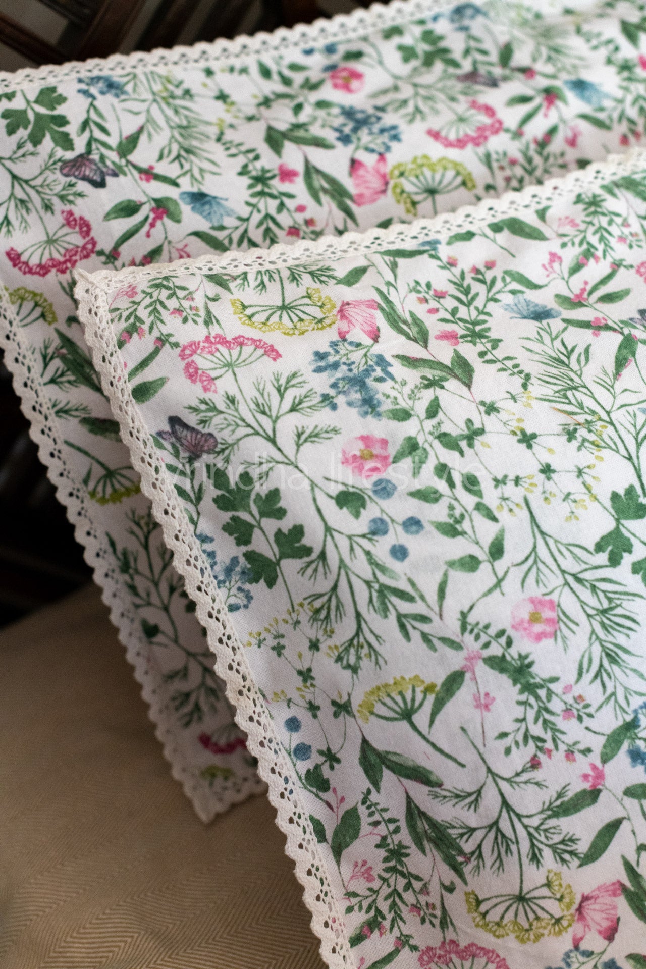 Printed cotton pillow cover with lace detailing -set of 2