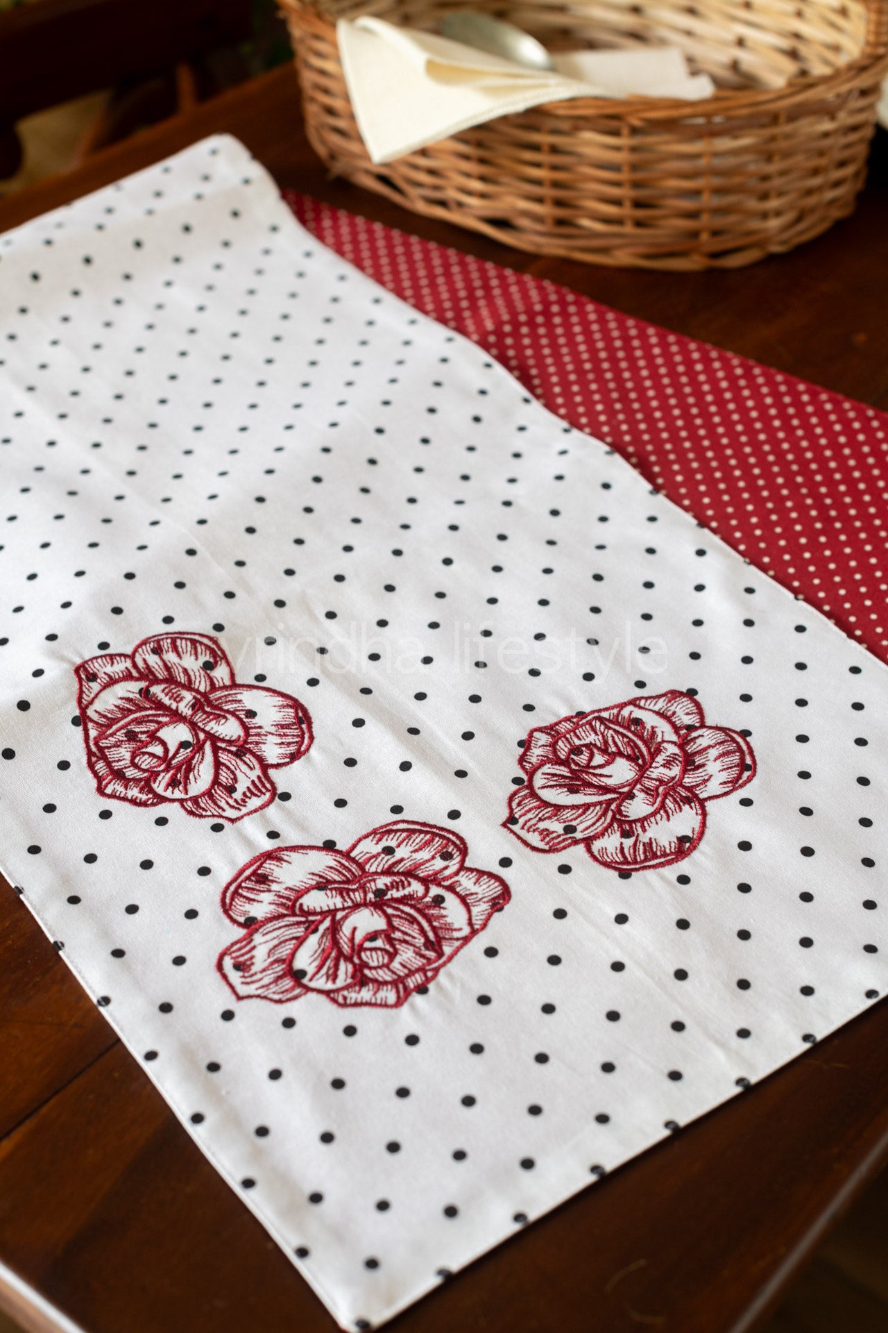 Reversible cotton table runner with embroidery -12.5x54 inches