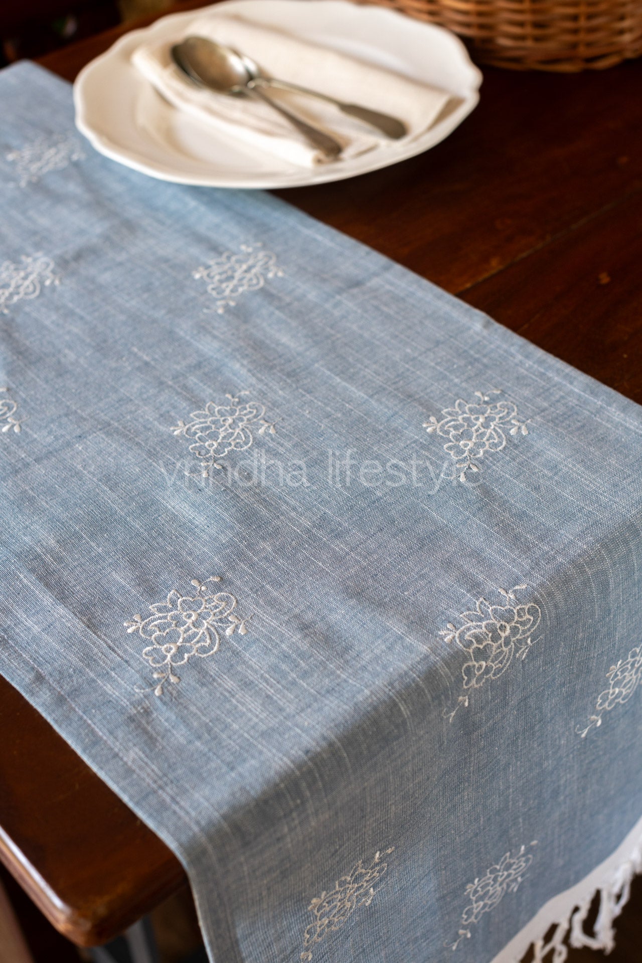 Embroidered cotton table runner with tassels -10.5x58 inches