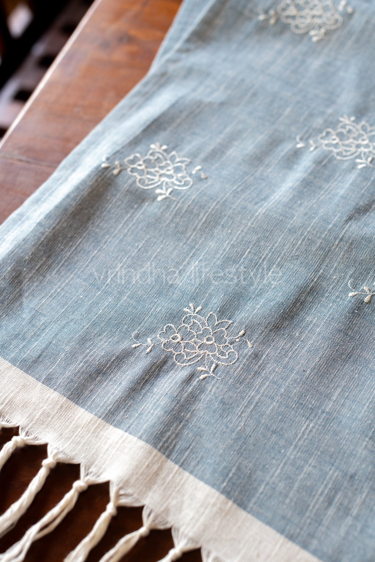 Embroidered cotton table runner with tassels -10.5x58 inches