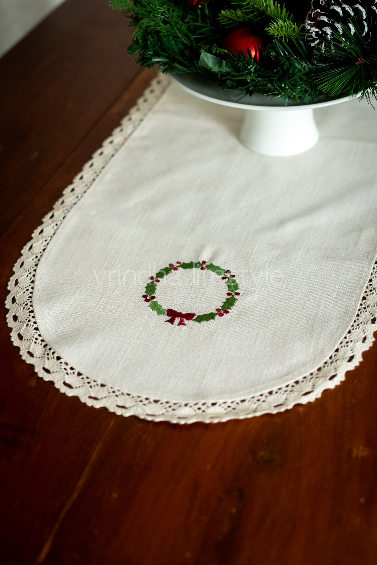 Cotton coffee table runner with embroidery and lace detailing - 12x32inches