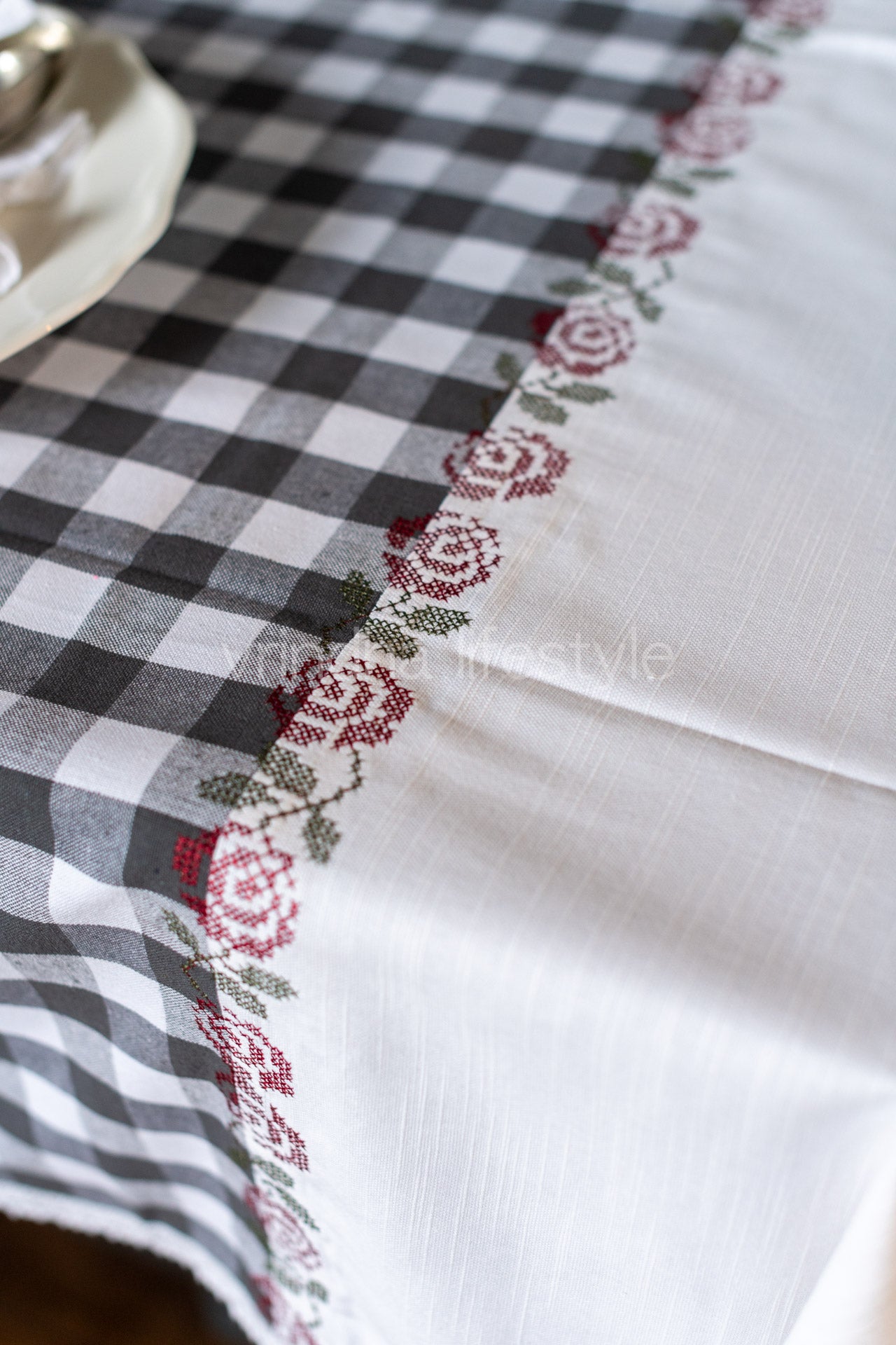 Cotton table cloth with cross stitch embroidery -58x94 inches-8 seater