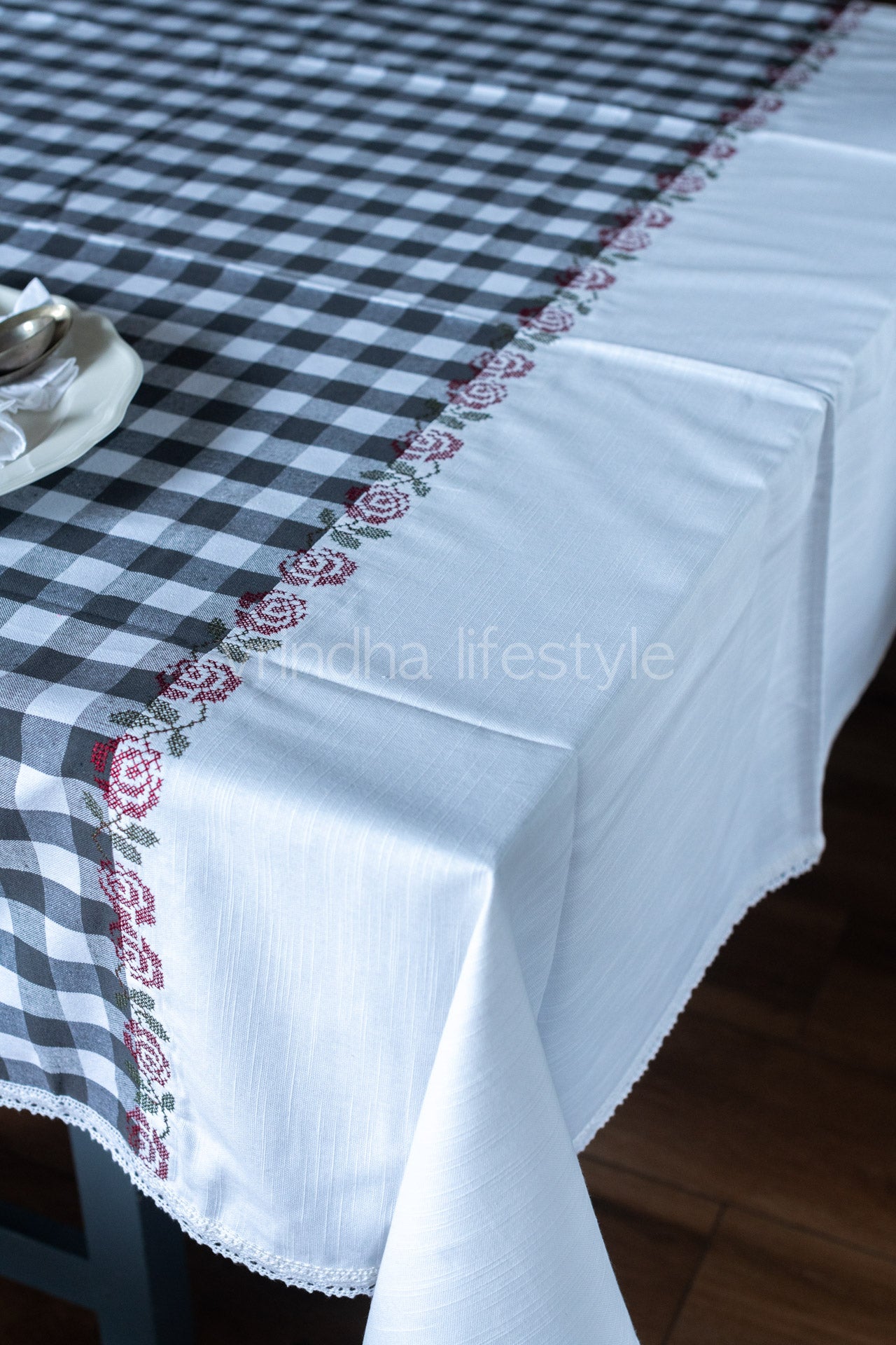 Cotton table cloth with cross stitch embroidery -58x94 inches-8 seater