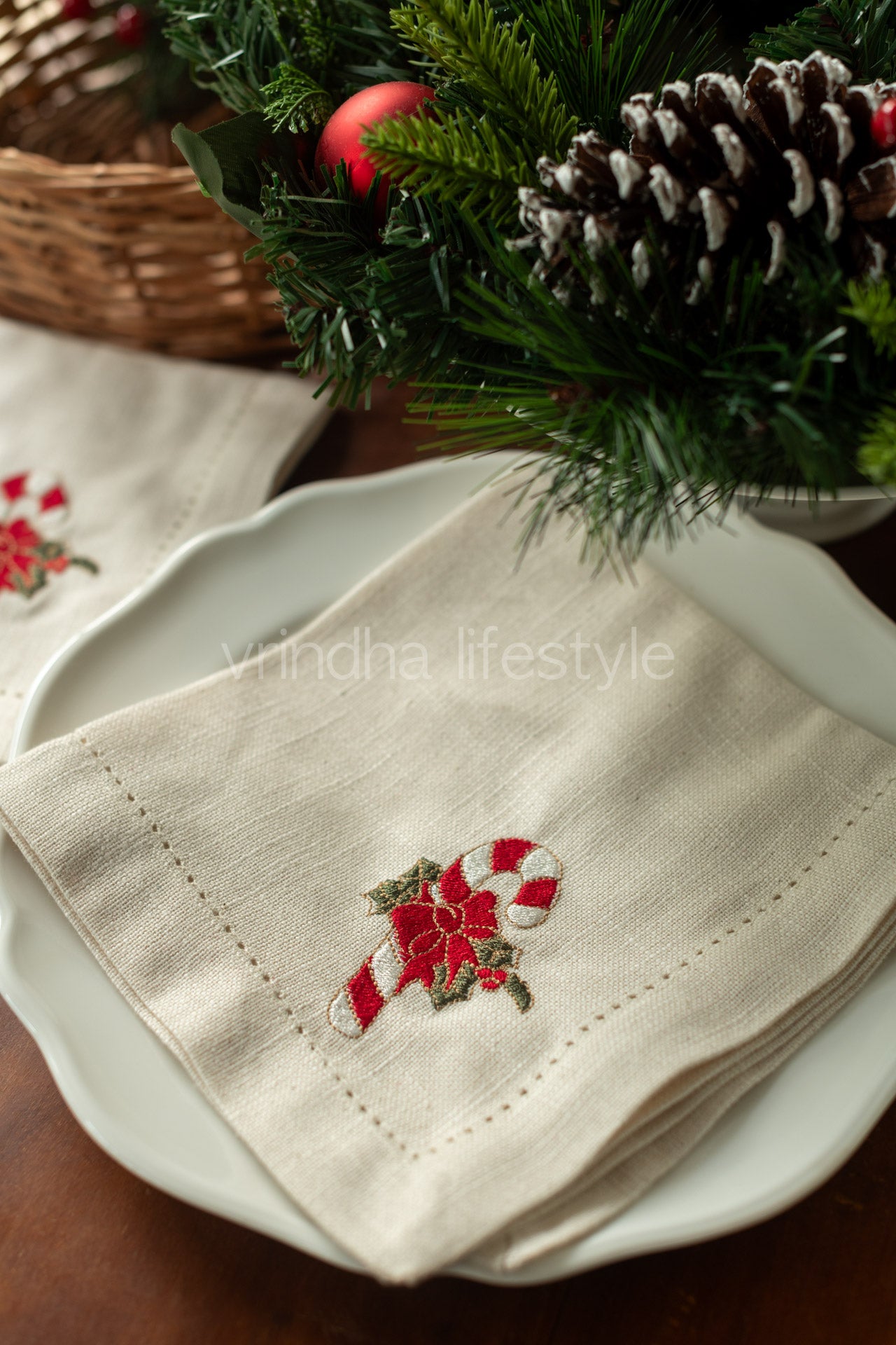 COTTON TABLE NAPKINS with embroidery and hem stitch detailing-Set of 2