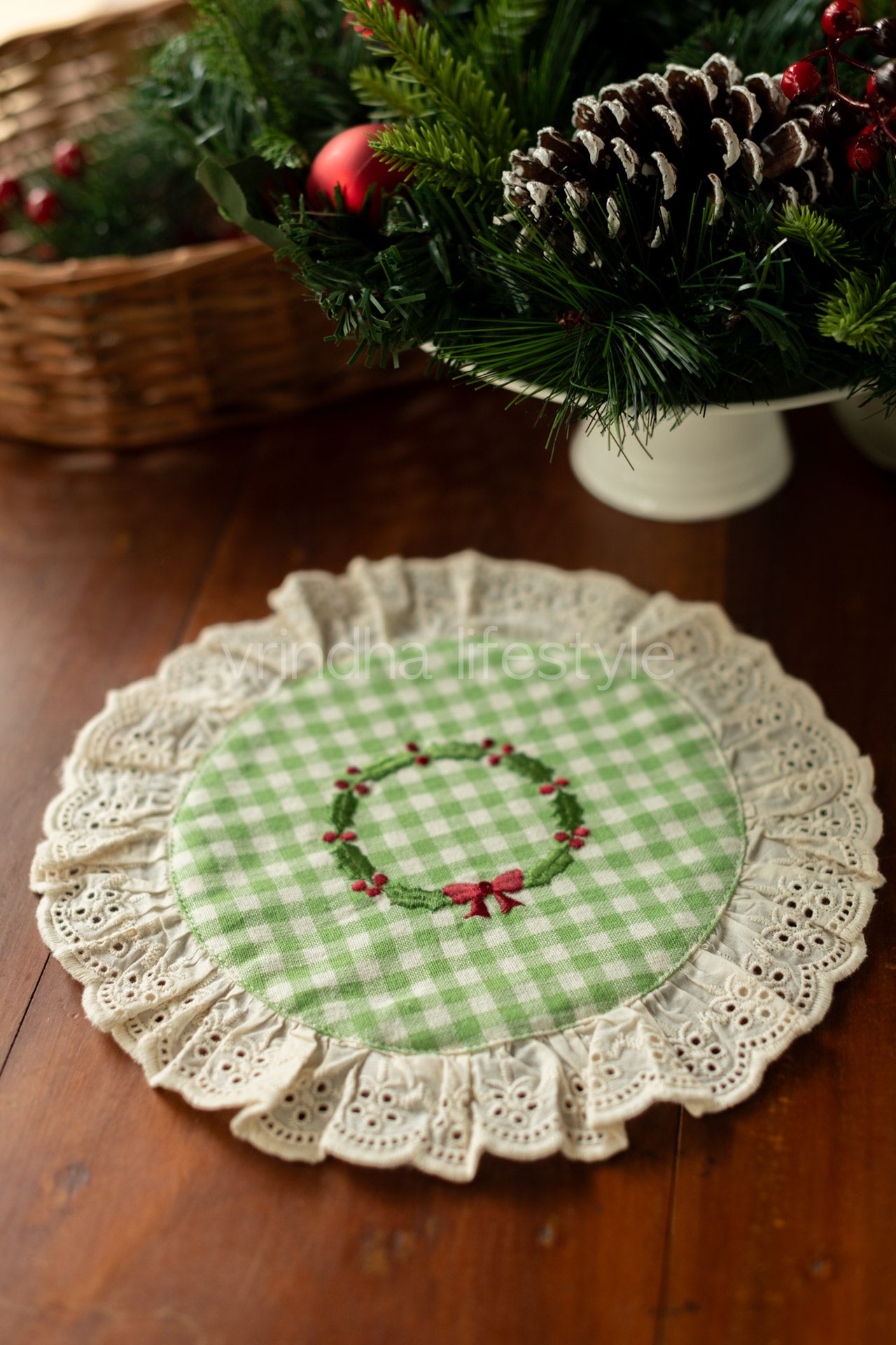Round embroidered table mat with lace detailing ,10 inches-Single unit