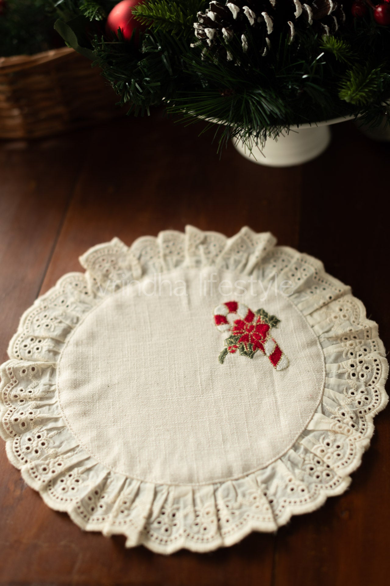 Round embroidered table mat with lace detailing ,10 inches-Single unit